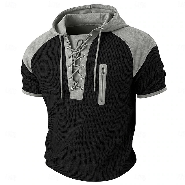 Men's Short Sleeve Hooded Waffle Knit Henley Shirt