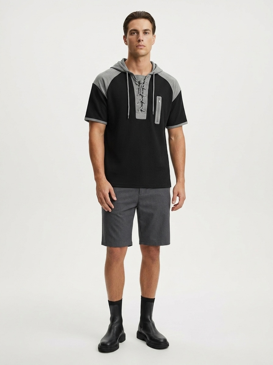 Men's Short Sleeve Hooded Waffle Knit Henley Shirt