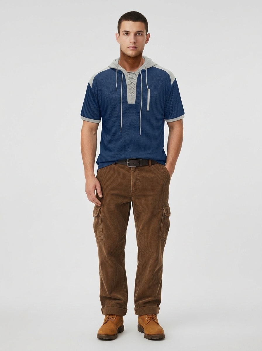 Men's Short Sleeve Hooded Waffle Knit Henley Shirt