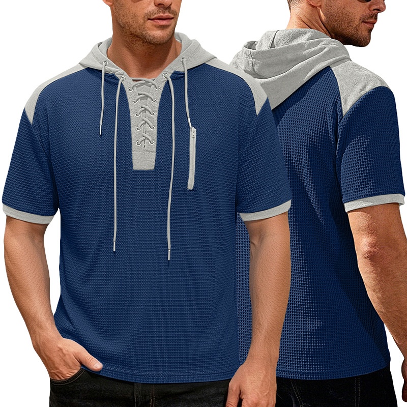 Men's Short Sleeve Hooded Waffle Knit Henley Shirt