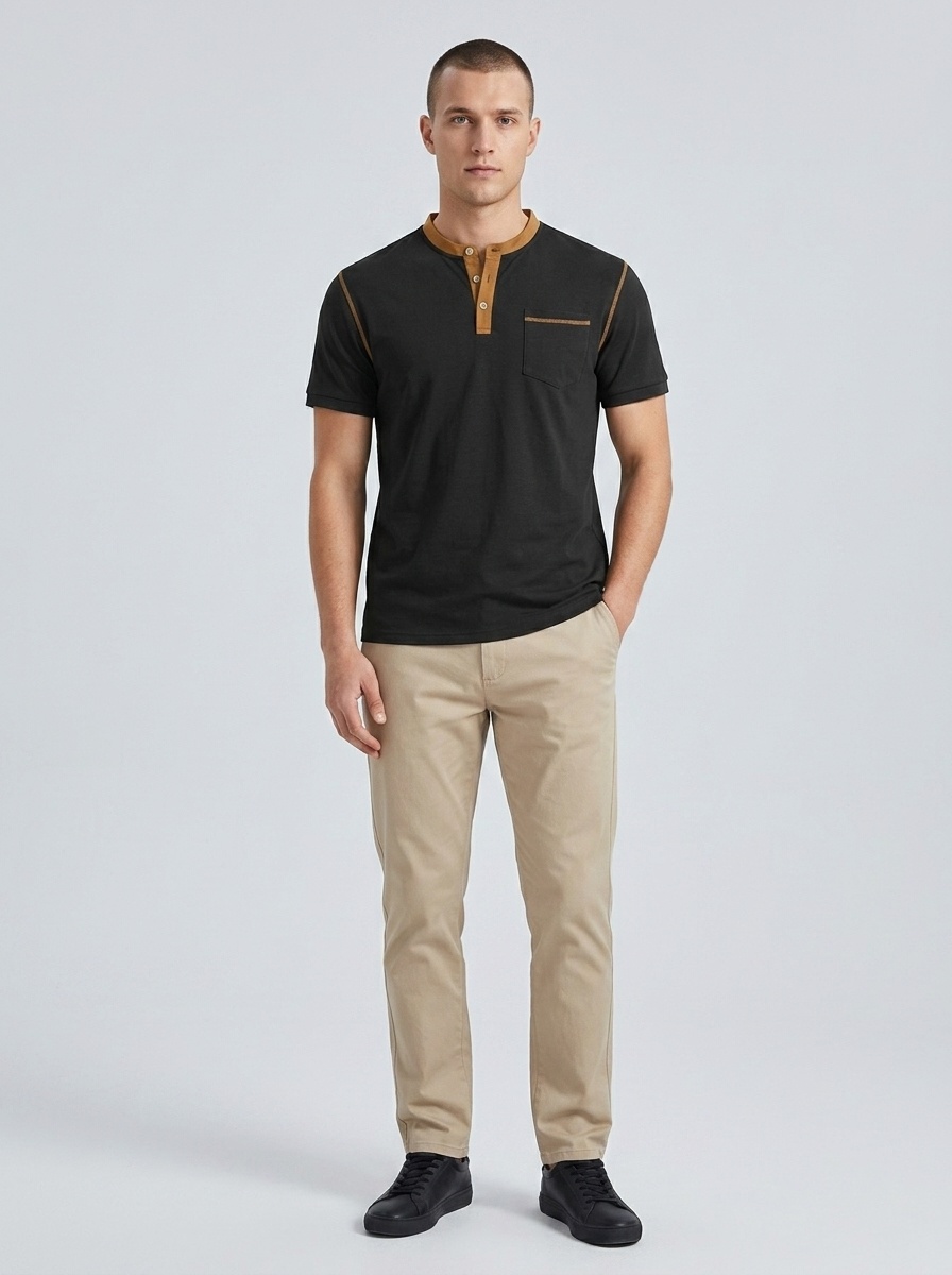 Men's Casual Henley Shirt - Short Sleeve Contrast Collar Tee