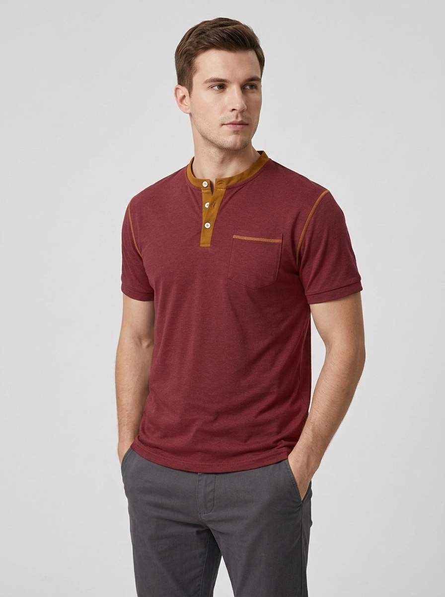 Men's Casual Henley Shirt - Short Sleeve Contrast Collar Tee