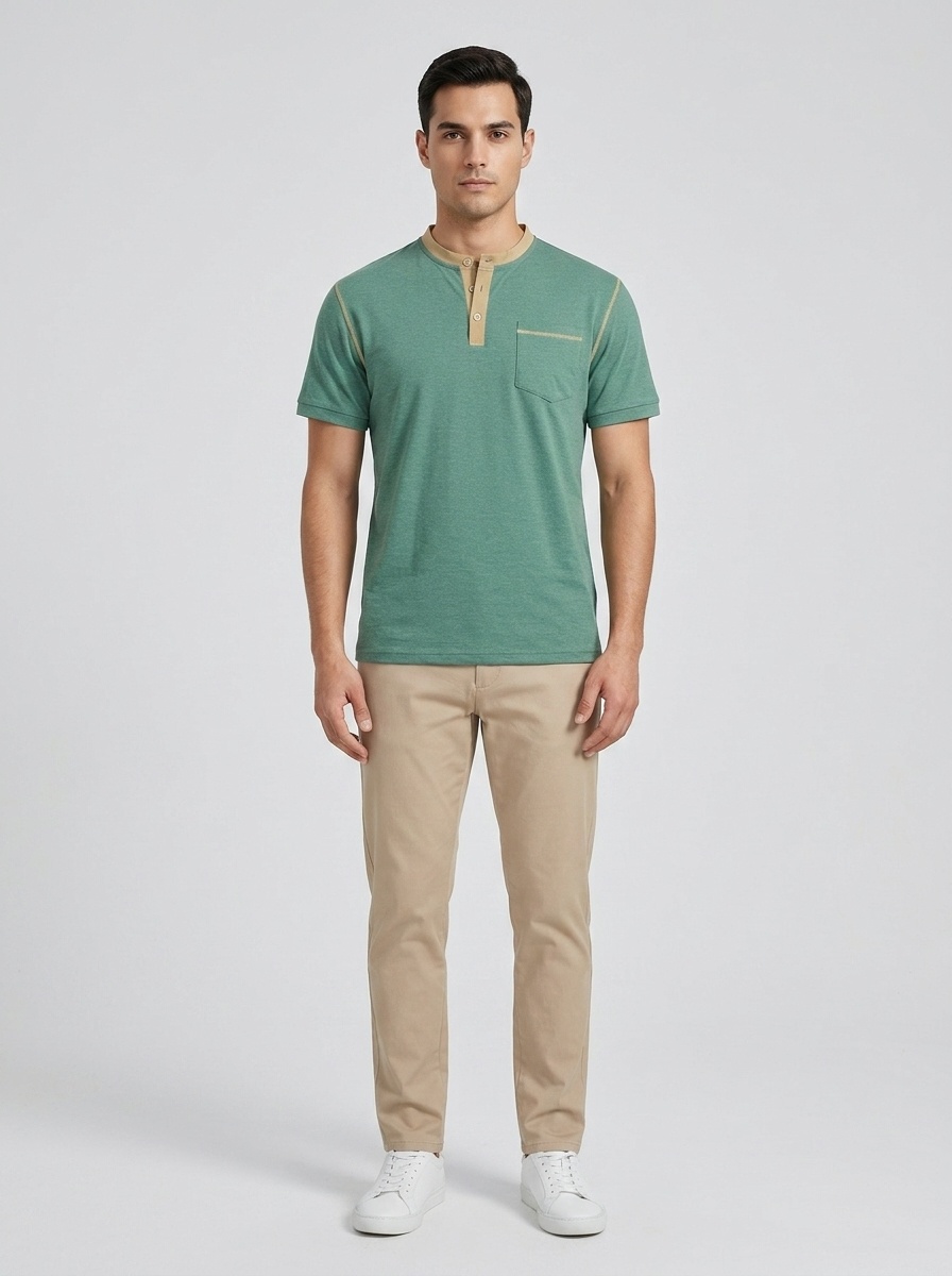 Men's Casual Henley Shirt - Short Sleeve Contrast Collar Tee