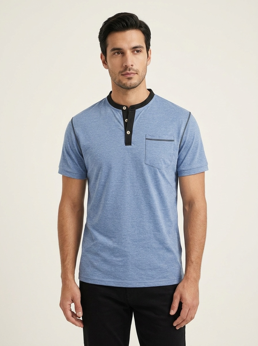 Men's Casual Henley Shirt - Short Sleeve Contrast Collar Tee