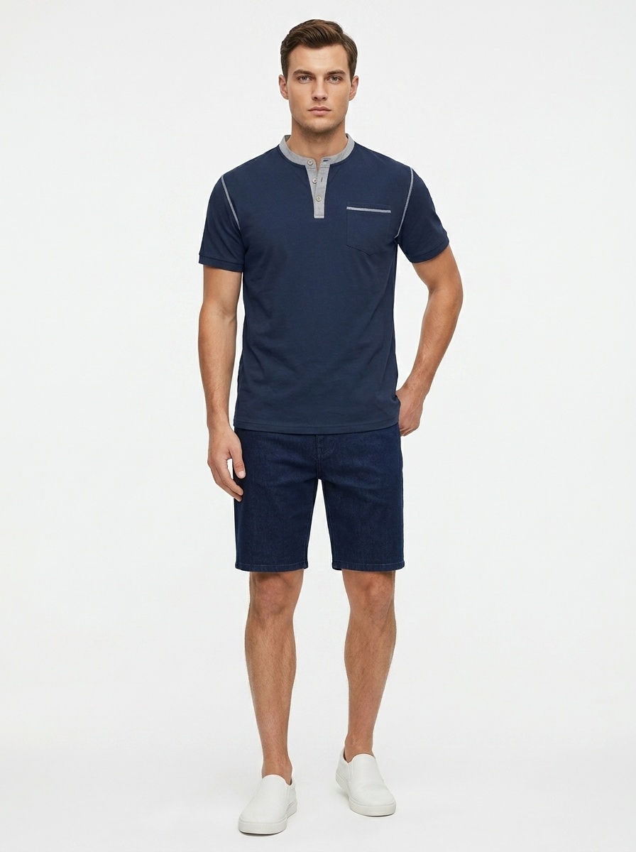 Men's Casual Henley Shirt - Short Sleeve Contrast Collar Tee
