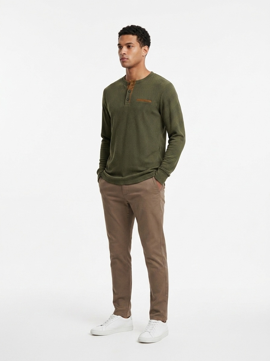 Men's Ribbed Henley Shirt Long Sleeve Casual Button Top