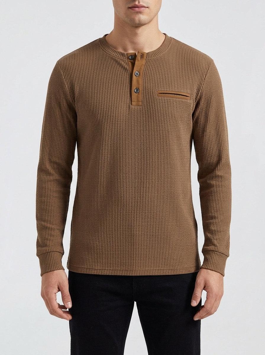 Men's Ribbed Henley Shirt Long Sleeve Casual Button Top