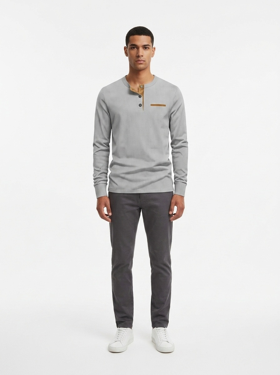 Men's Ribbed Henley Shirt Long Sleeve Casual Button Top