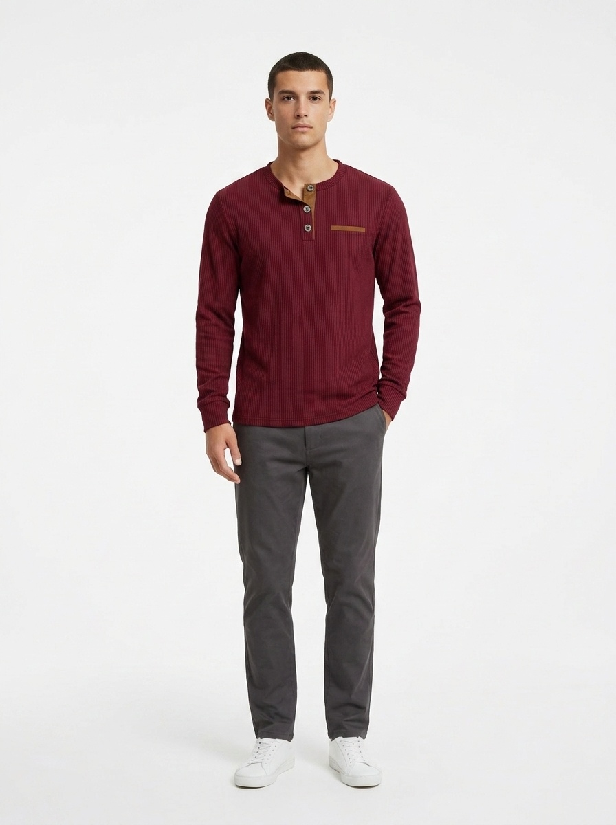Men's Ribbed Henley Shirt Long Sleeve Casual Button Top