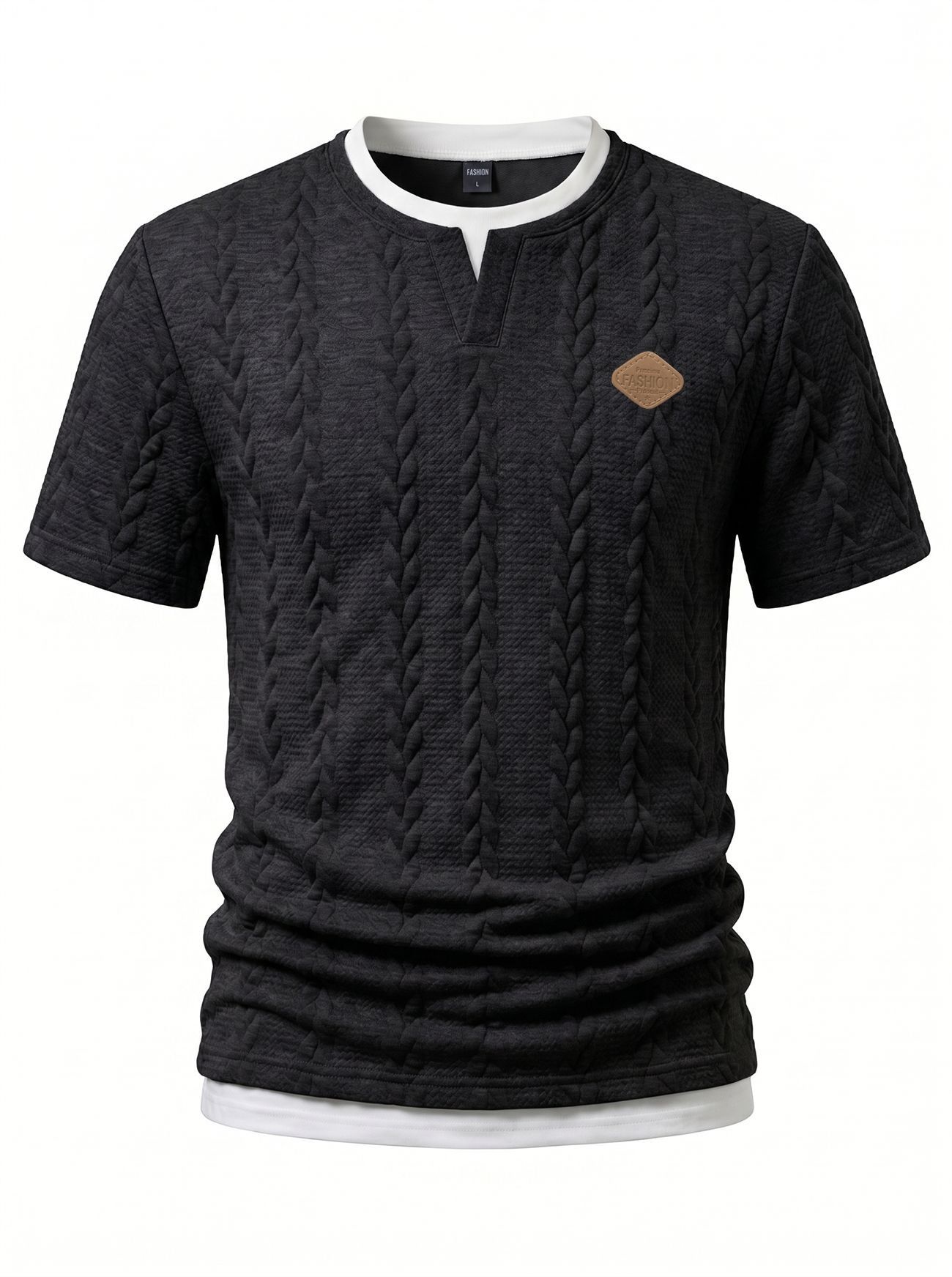 Men's Cable Knit V-Neck T-Shirt - Short Sleeve Casual Top