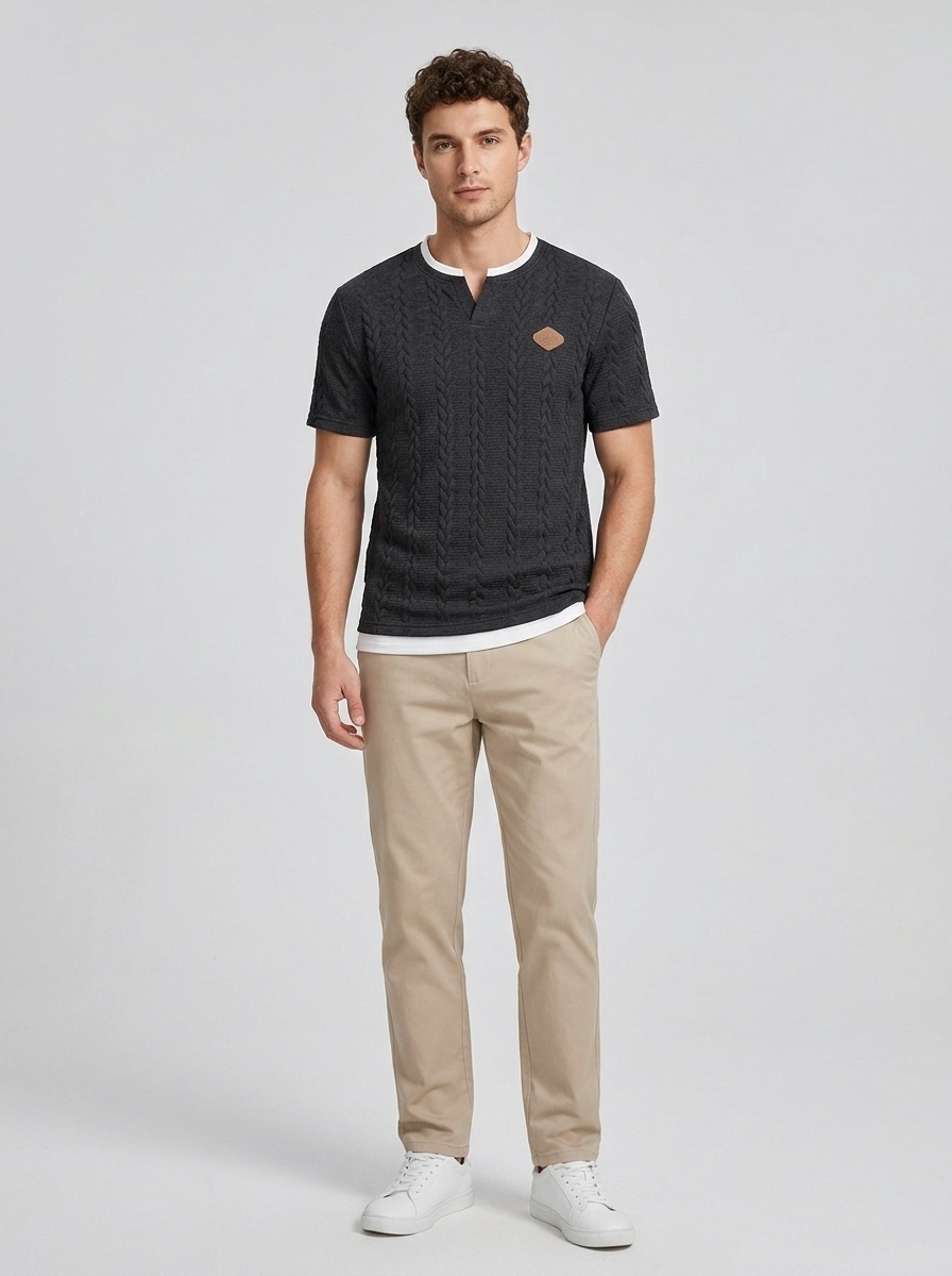 Men's Cable Knit V-Neck T-Shirt - Short Sleeve Casual Top