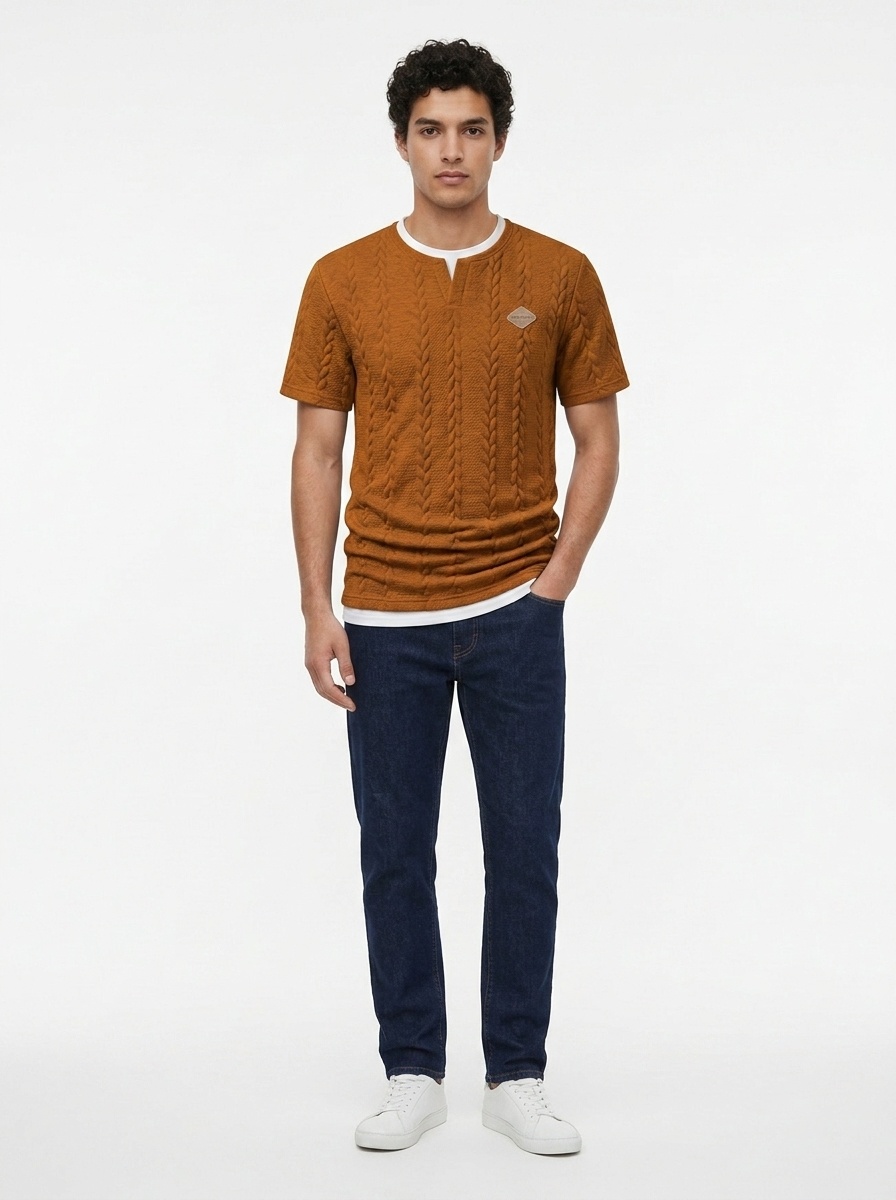 Men's Cable Knit V-Neck T-Shirt - Short Sleeve Casual Top