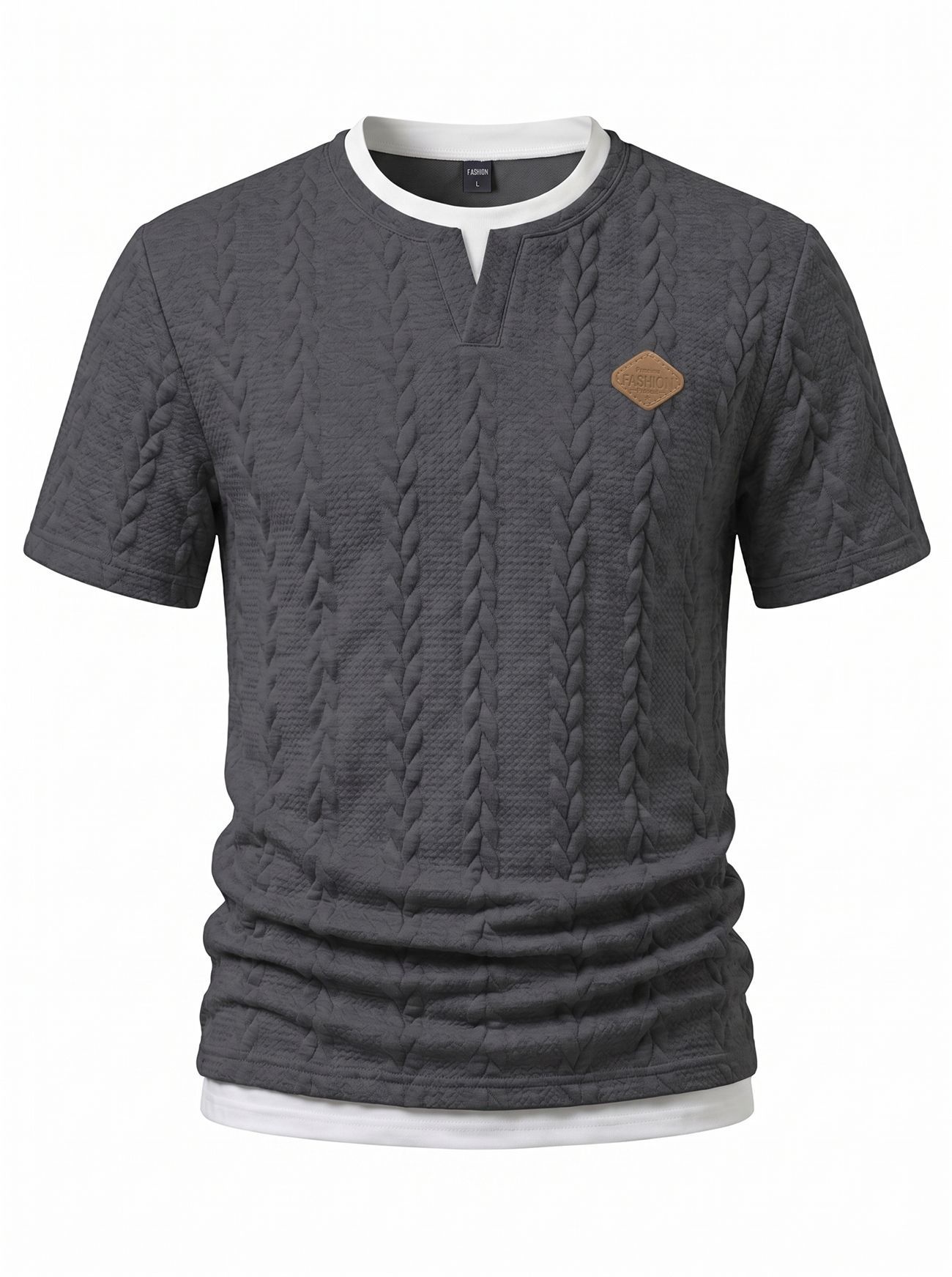 Men's Cable Knit V-Neck T-Shirt - Short Sleeve Casual Top