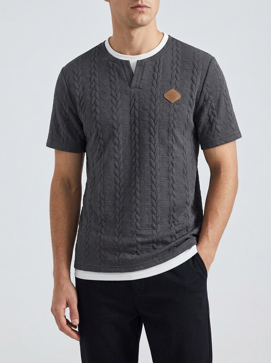 Men's Cable Knit V-Neck T-Shirt - Short Sleeve Casual Top