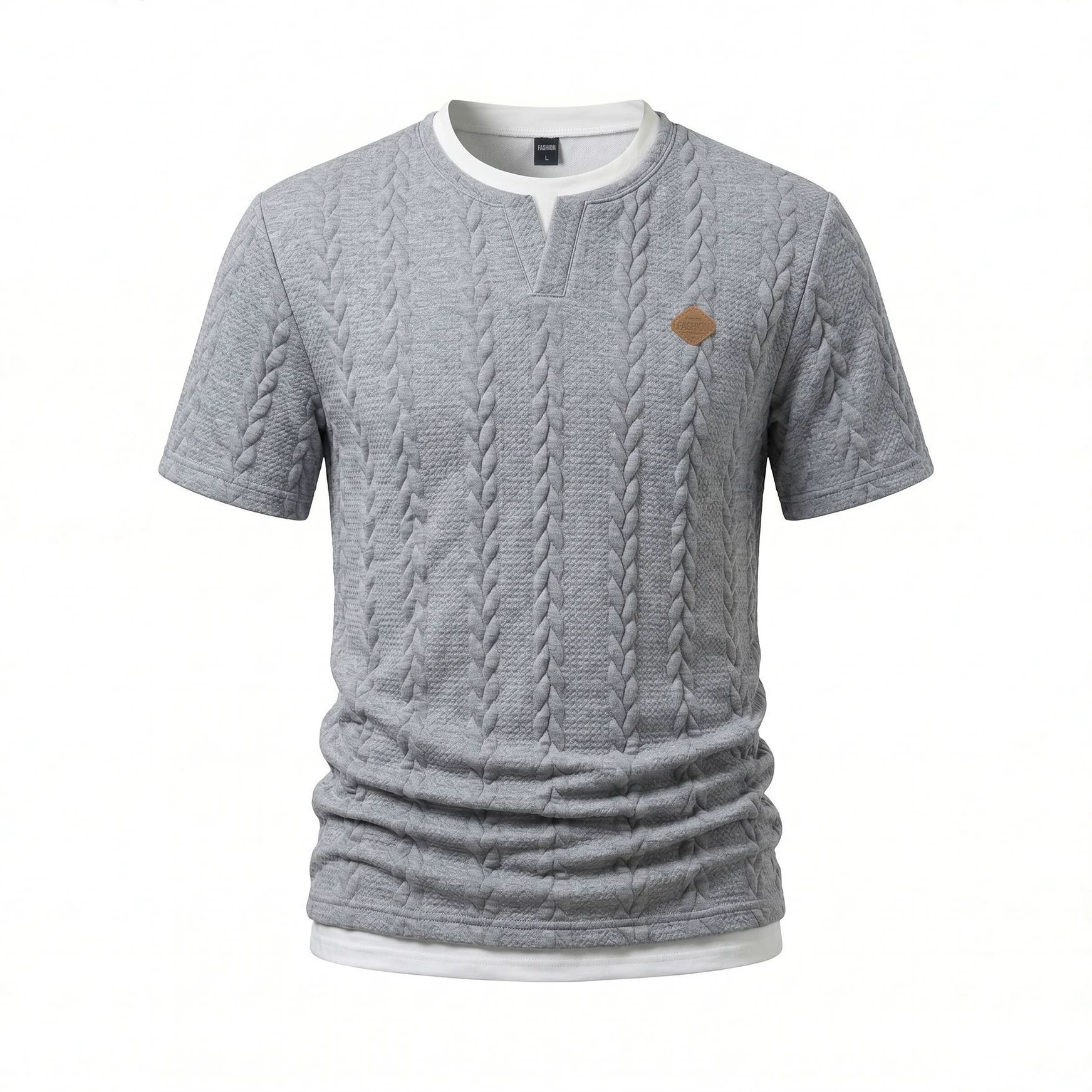 Men's Cable Knit V-Neck T-Shirt - Short Sleeve Casual Top