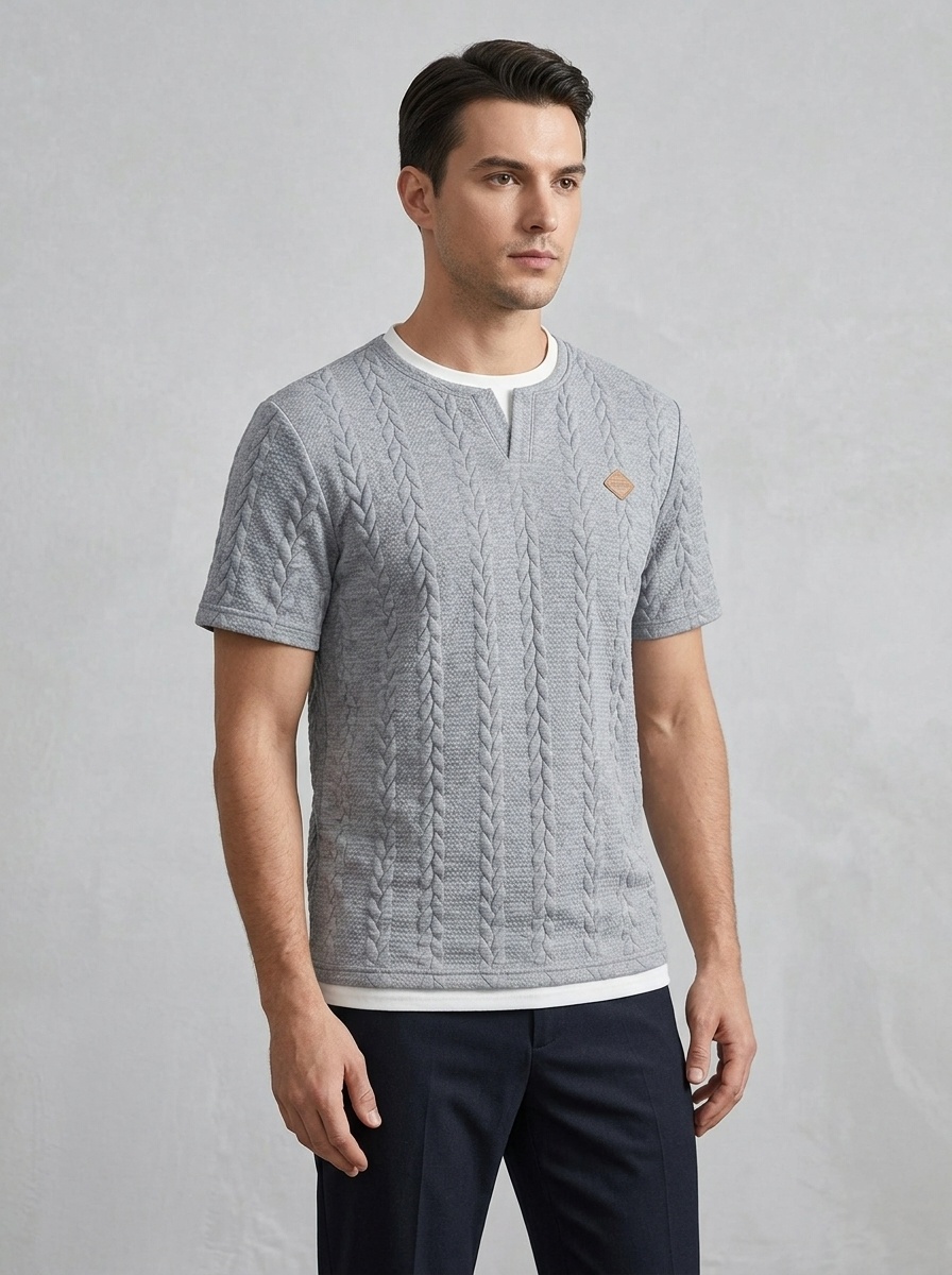 Men's Cable Knit V-Neck T-Shirt - Short Sleeve Casual Top