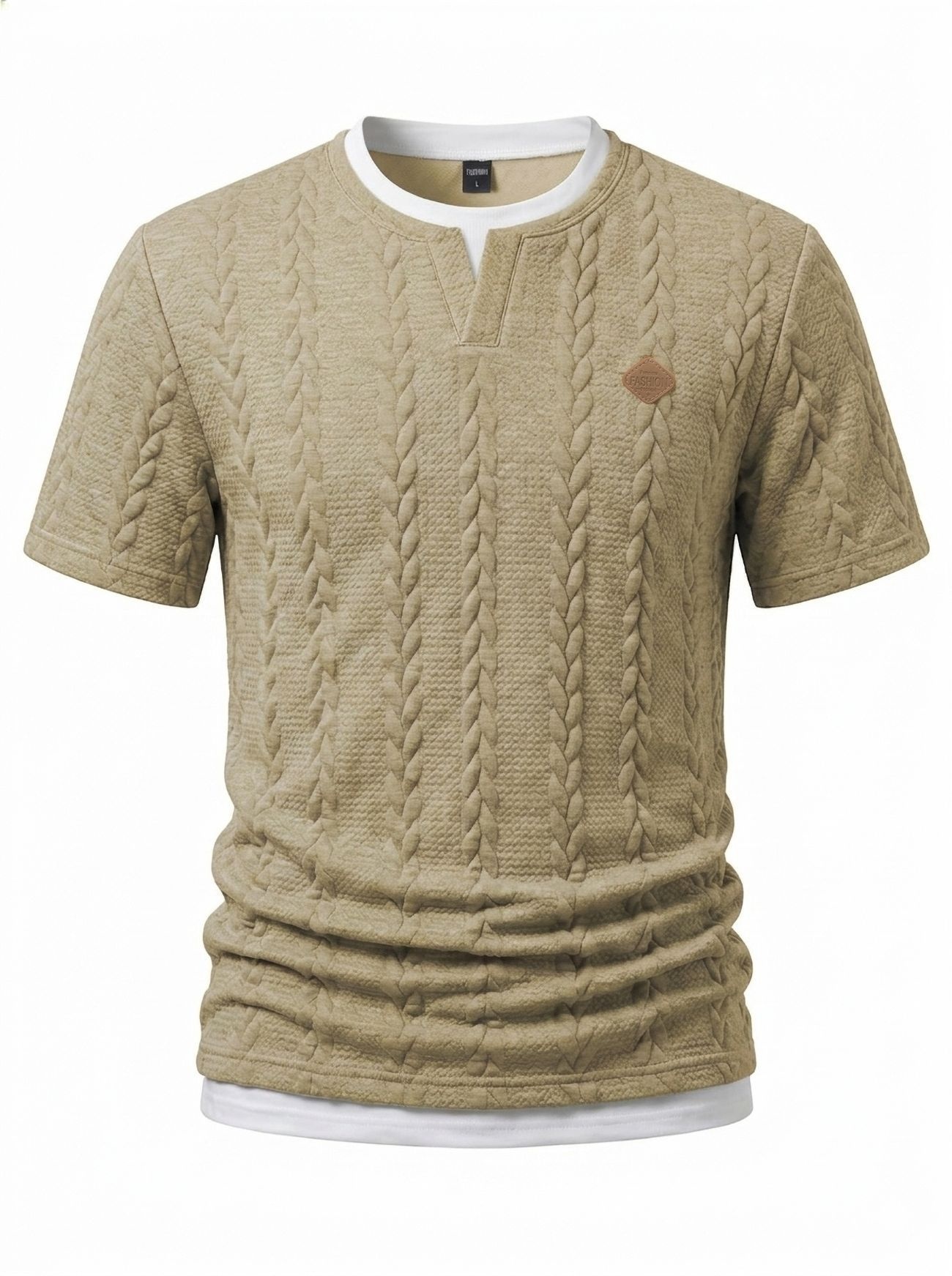Men's Cable Knit V-Neck T-Shirt - Short Sleeve Casual Top