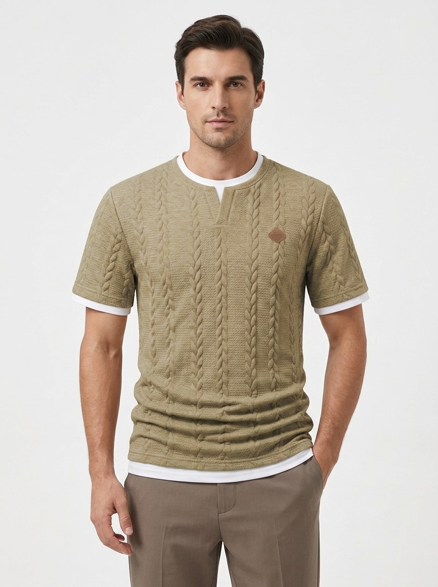 Men's Cable Knit V-Neck T-Shirt - Short Sleeve Casual Top