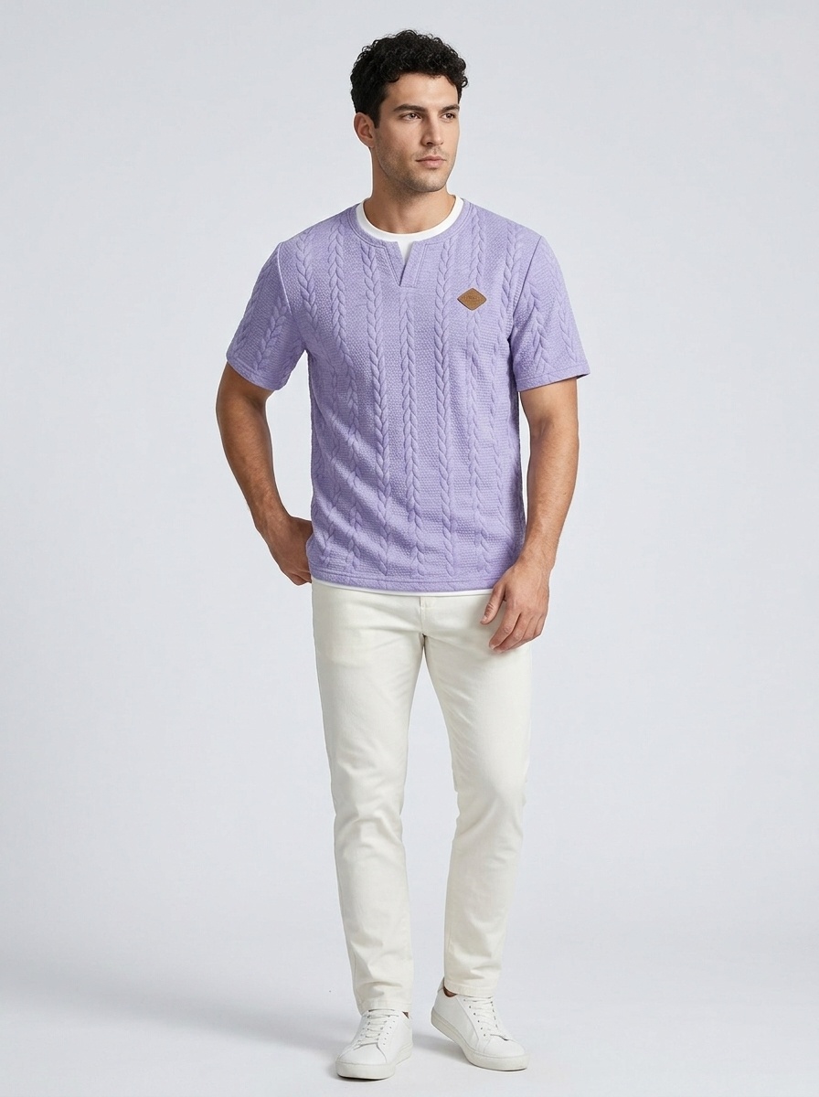 Men's Cable Knit V-Neck T-Shirt - Short Sleeve Casual Top