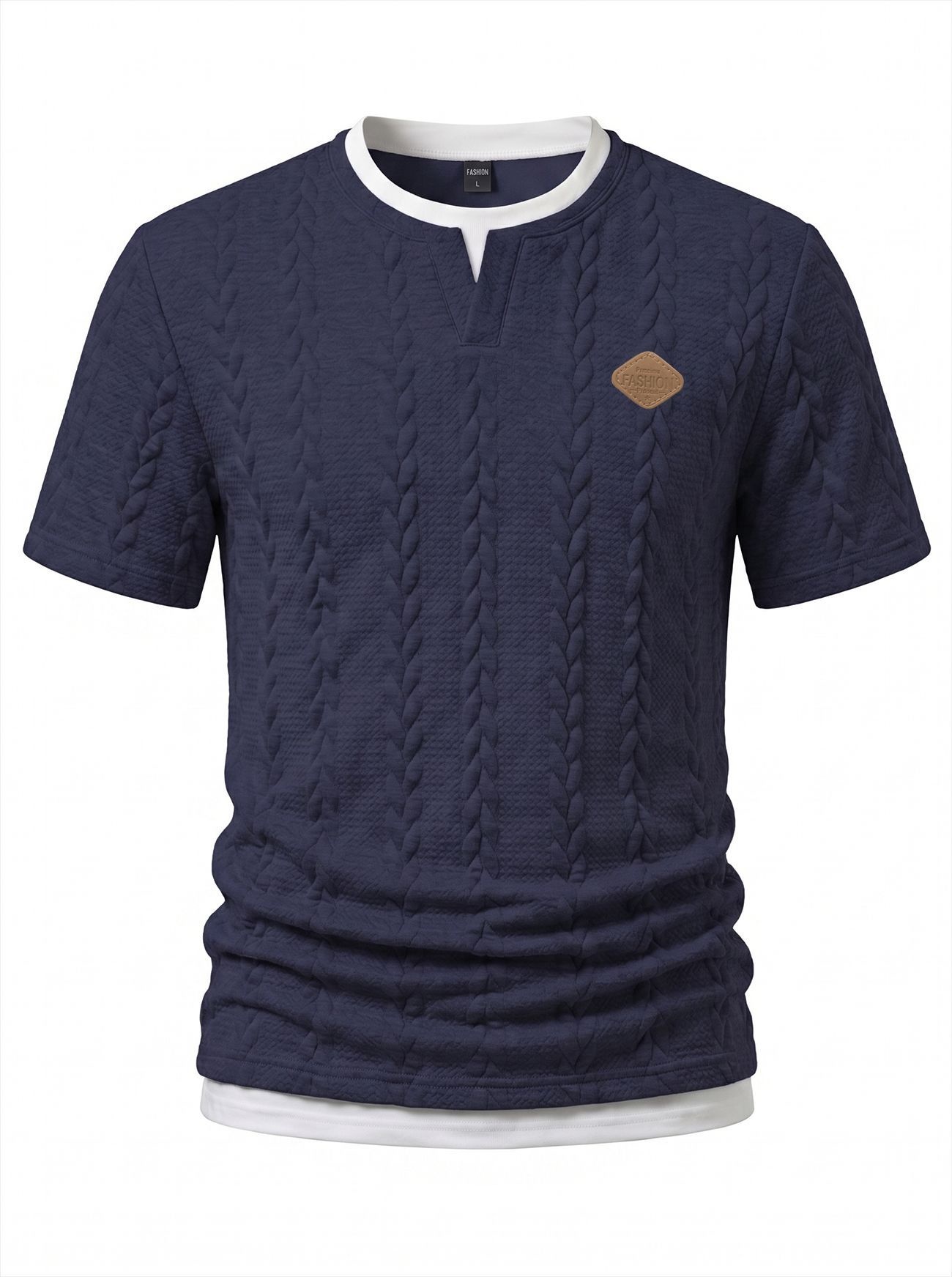 Men's Cable Knit V-Neck T-Shirt - Short Sleeve Casual Top