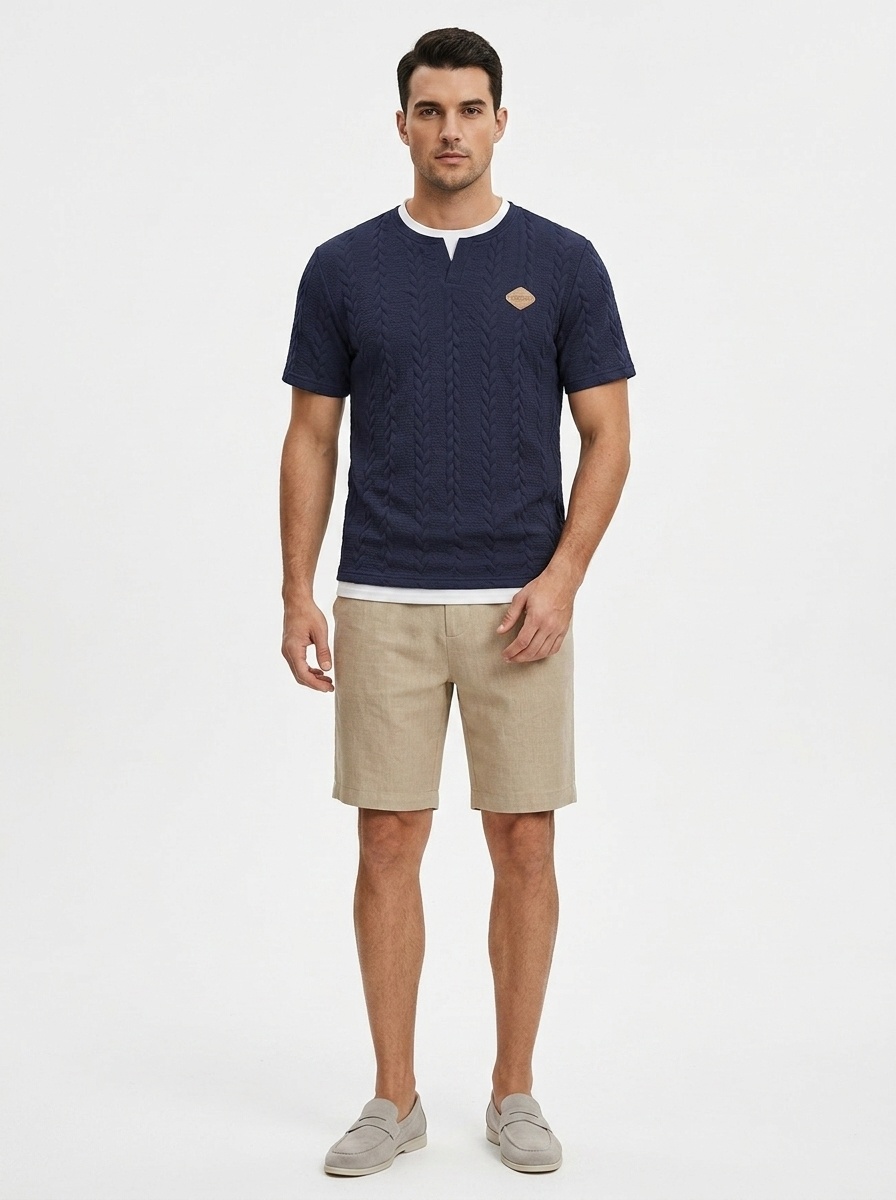 Men's Cable Knit V-Neck T-Shirt - Short Sleeve Casual Top