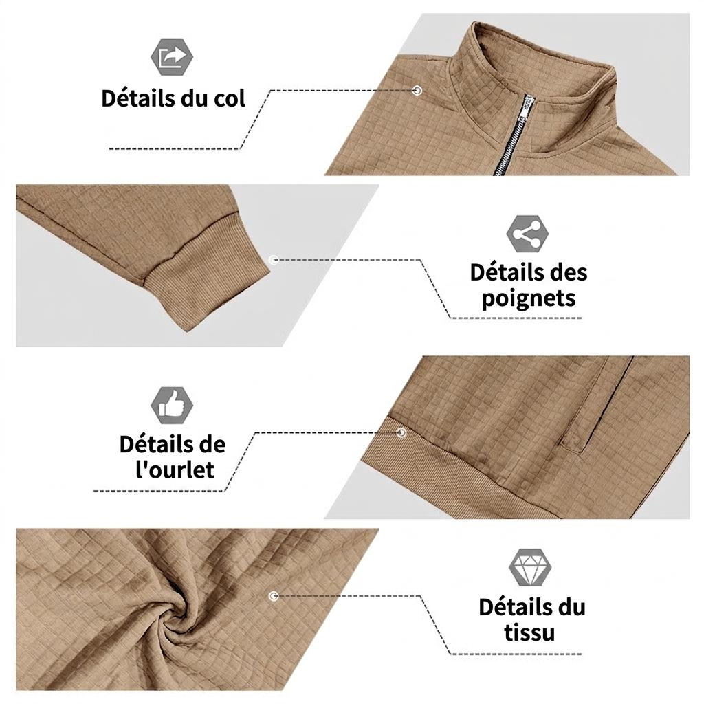 Sweat-shirt vintage décontracté pour homme en maille gaufrée à demi-zip