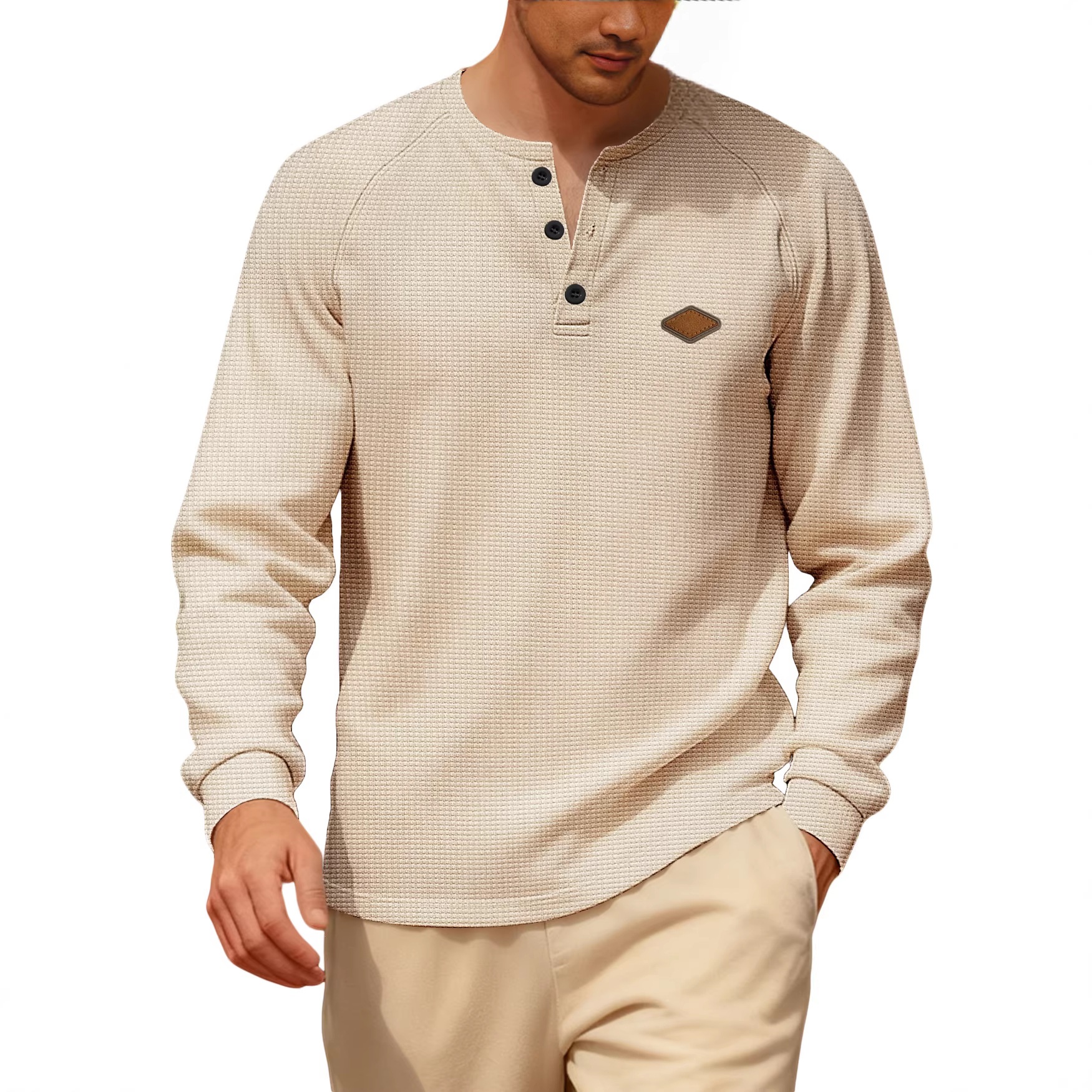 Waffle Knit Henley Shirt Long Sleeve Casual Top for Men