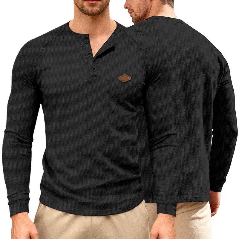 Waffle Knit Henley Shirt Long Sleeve Casual Top for Men