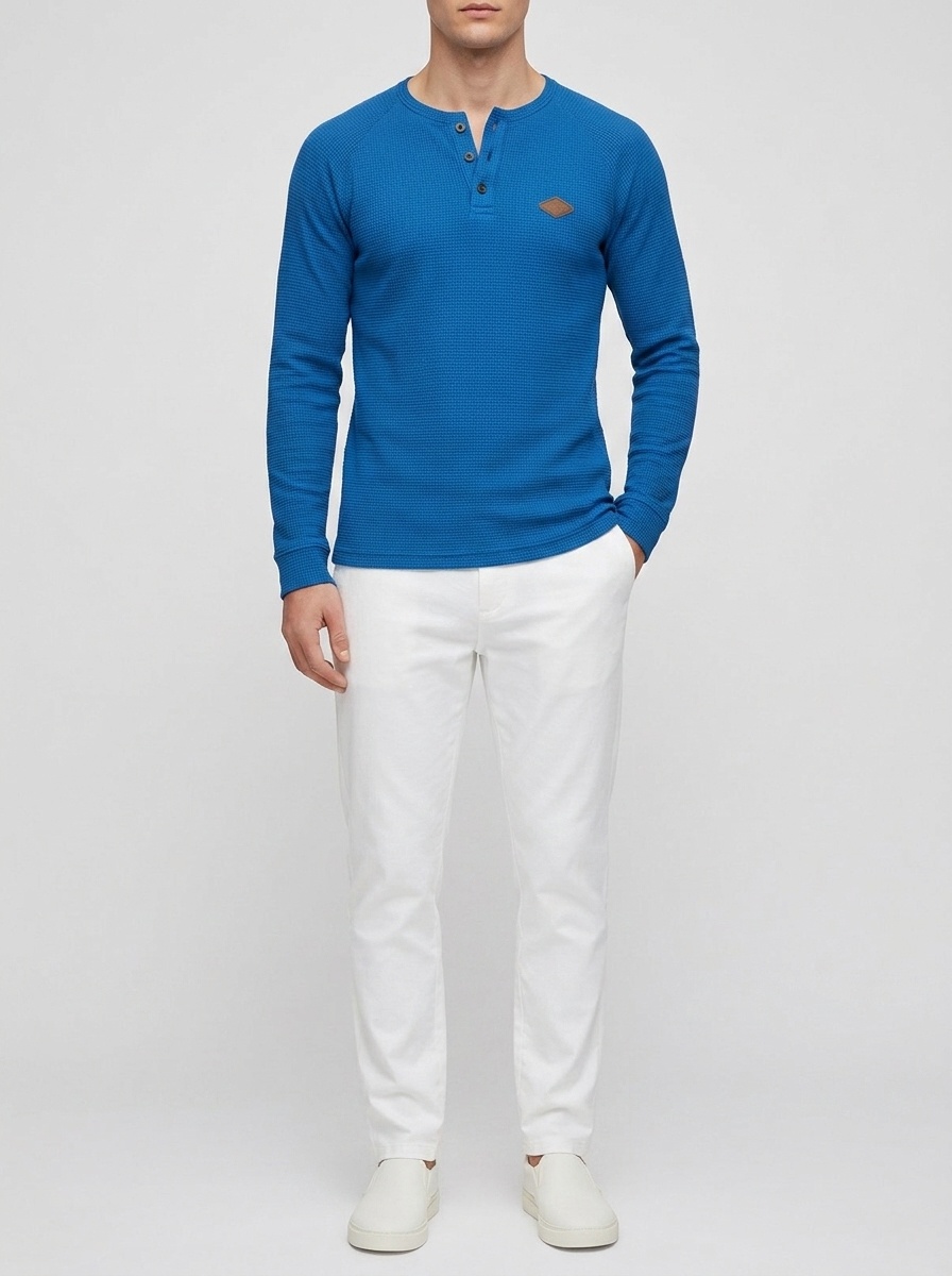 Waffle Knit Henley Shirt Long Sleeve Casual Top for Men