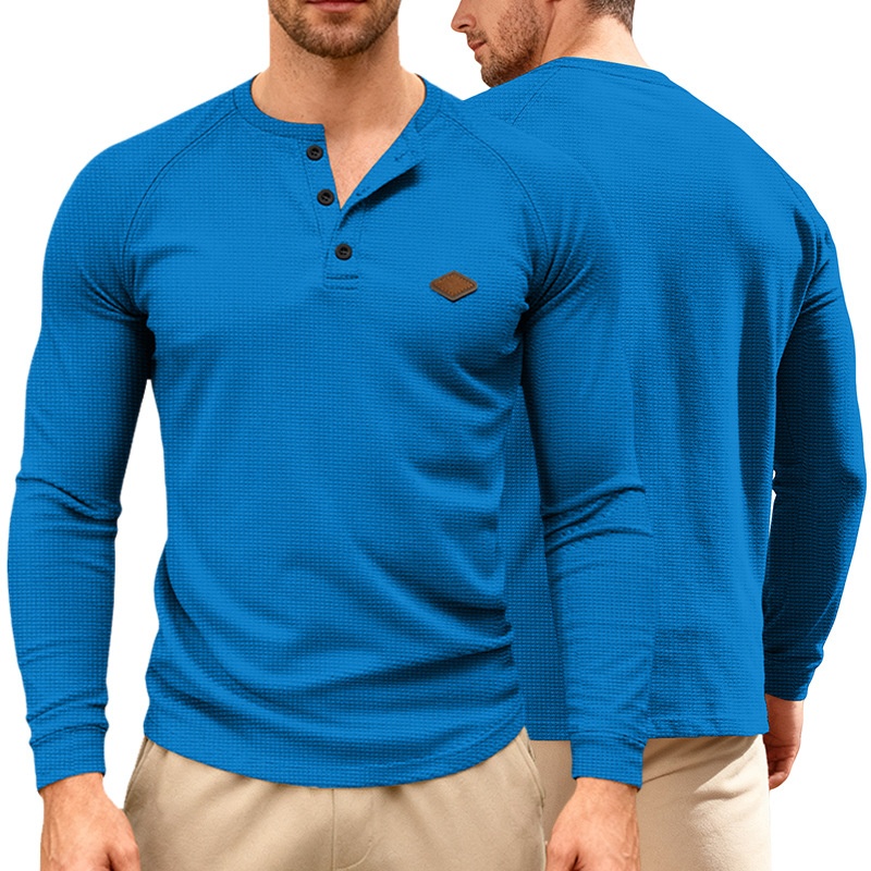 Waffle Knit Henley Shirt Long Sleeve Casual Top for Men