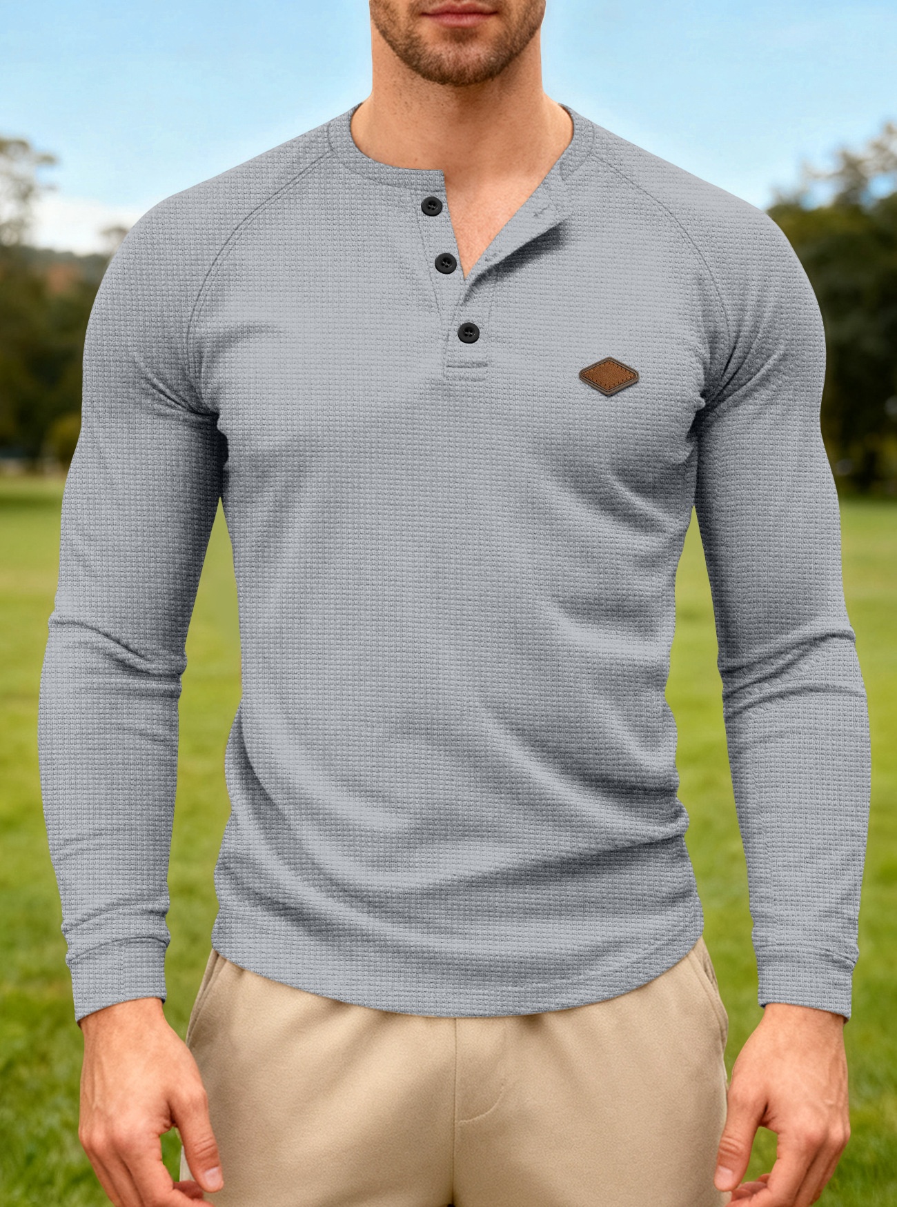 Waffle Knit Henley Shirt Long Sleeve Casual Top for Men