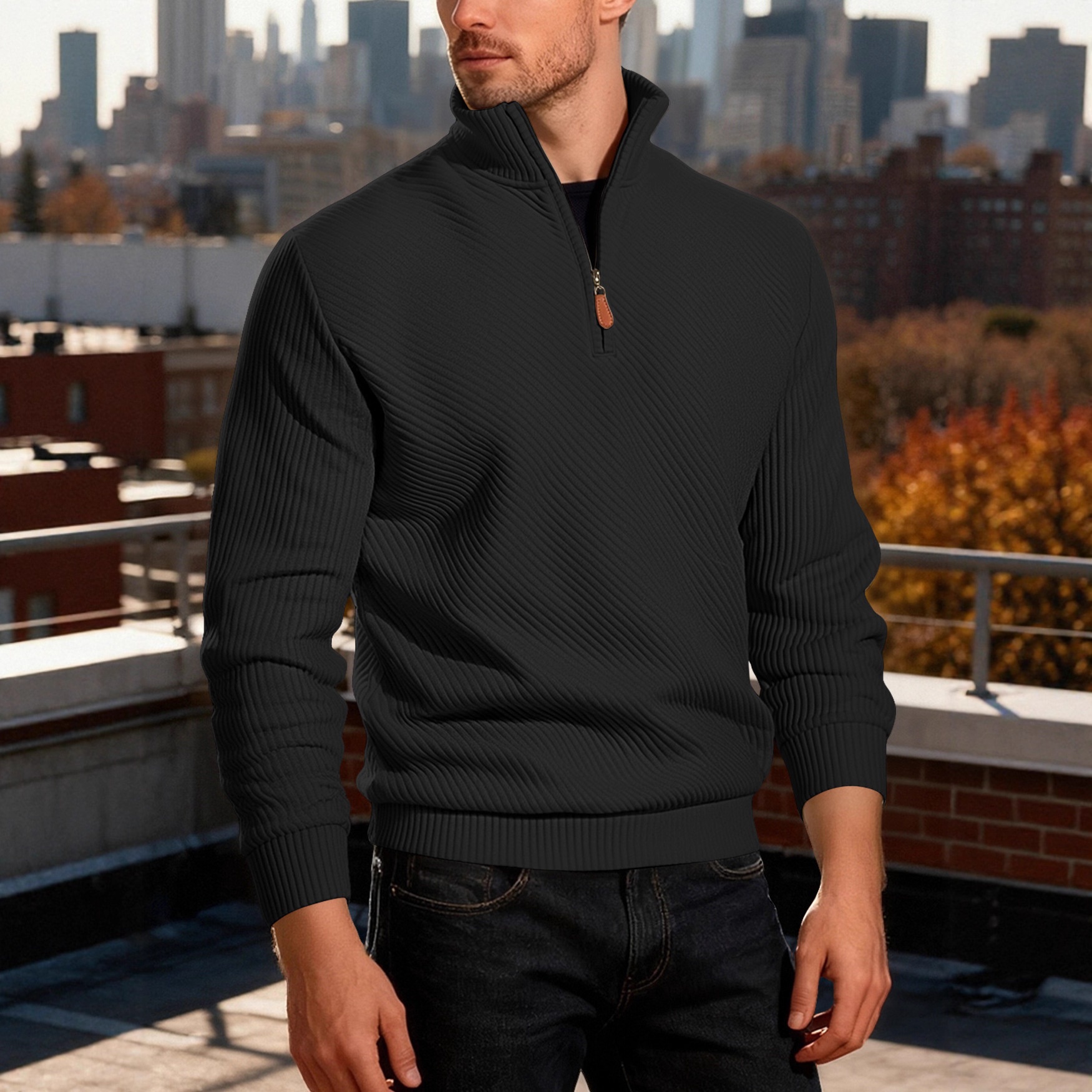 Men's Quarter Zip Ribbed Pullover Sweater