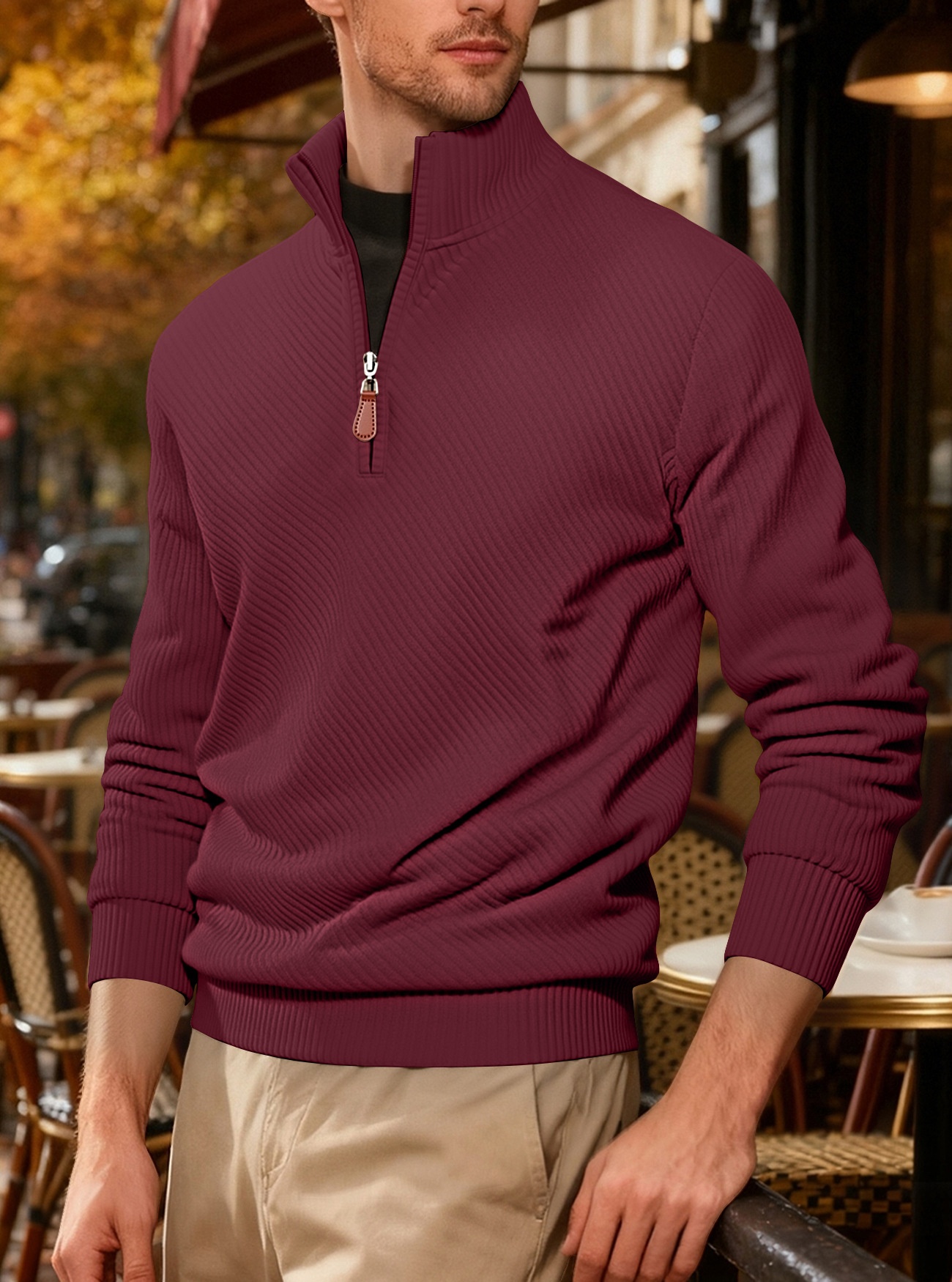 Men's Quarter Zip Ribbed Pullover Sweater