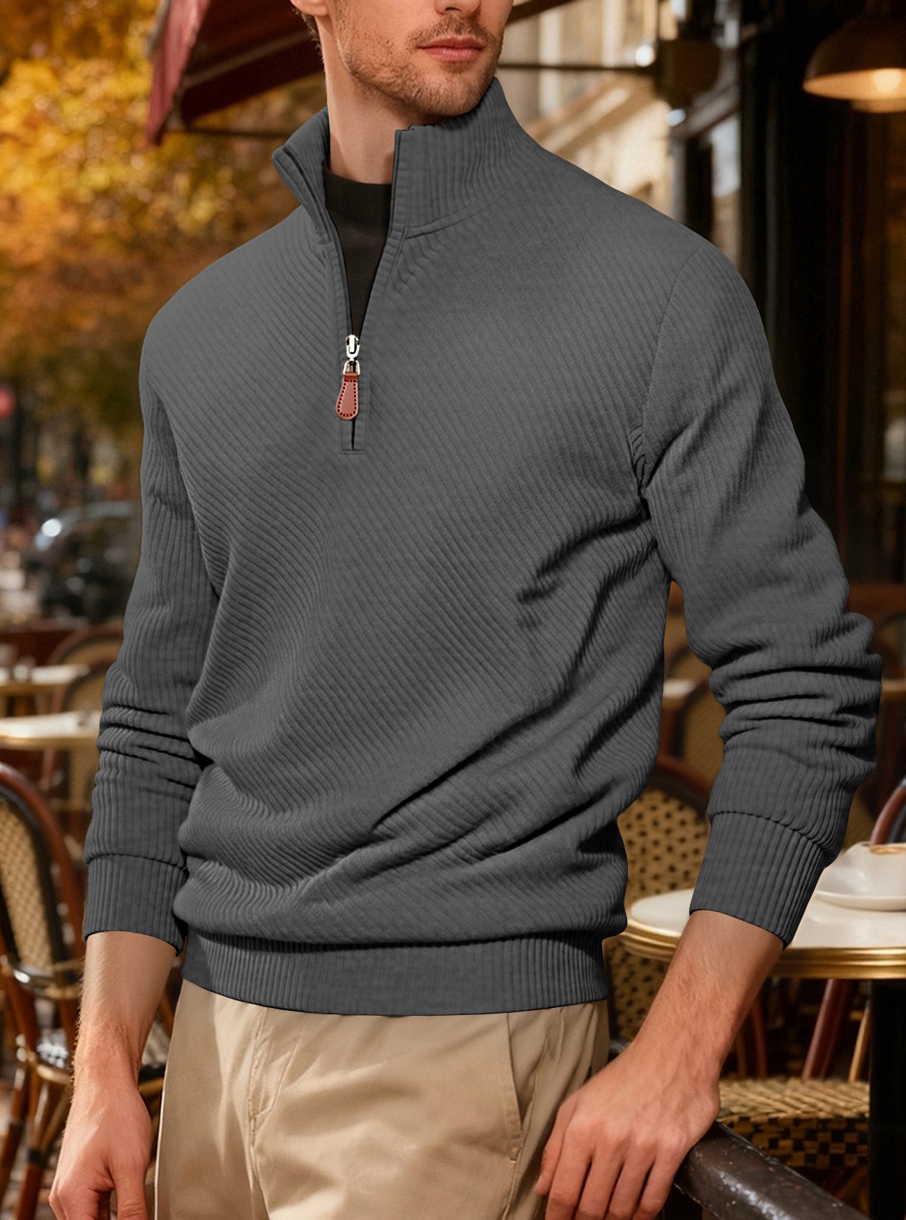 Men's Quarter Zip Ribbed Pullover Sweater