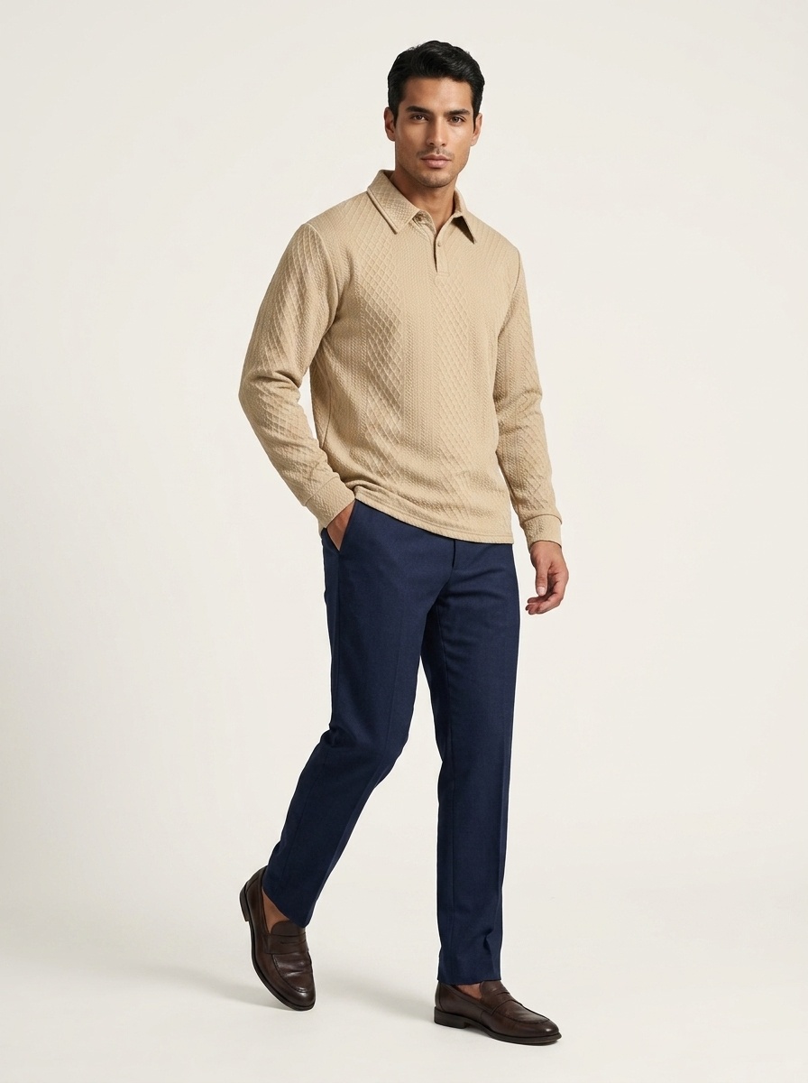 Men's Textured Long Sleeve Polo Shirt