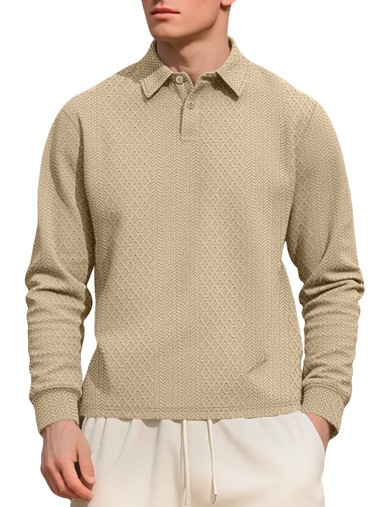Men's Textured Long Sleeve Polo Shirt