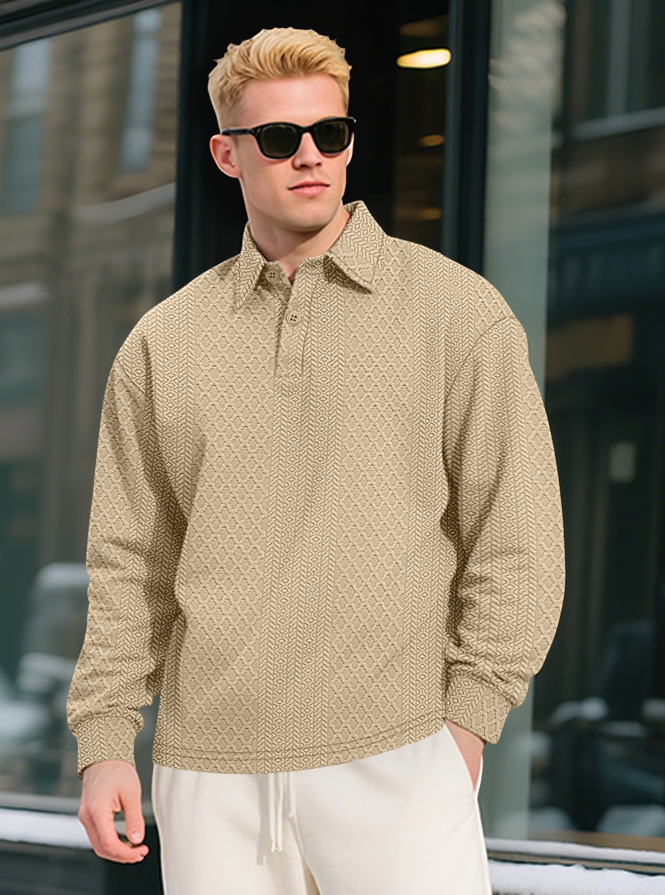 Men's Textured Long Sleeve Polo Shirt