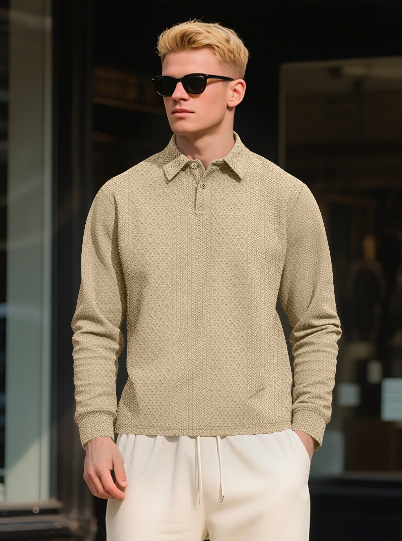 Men's Textured Long Sleeve Polo Shirt