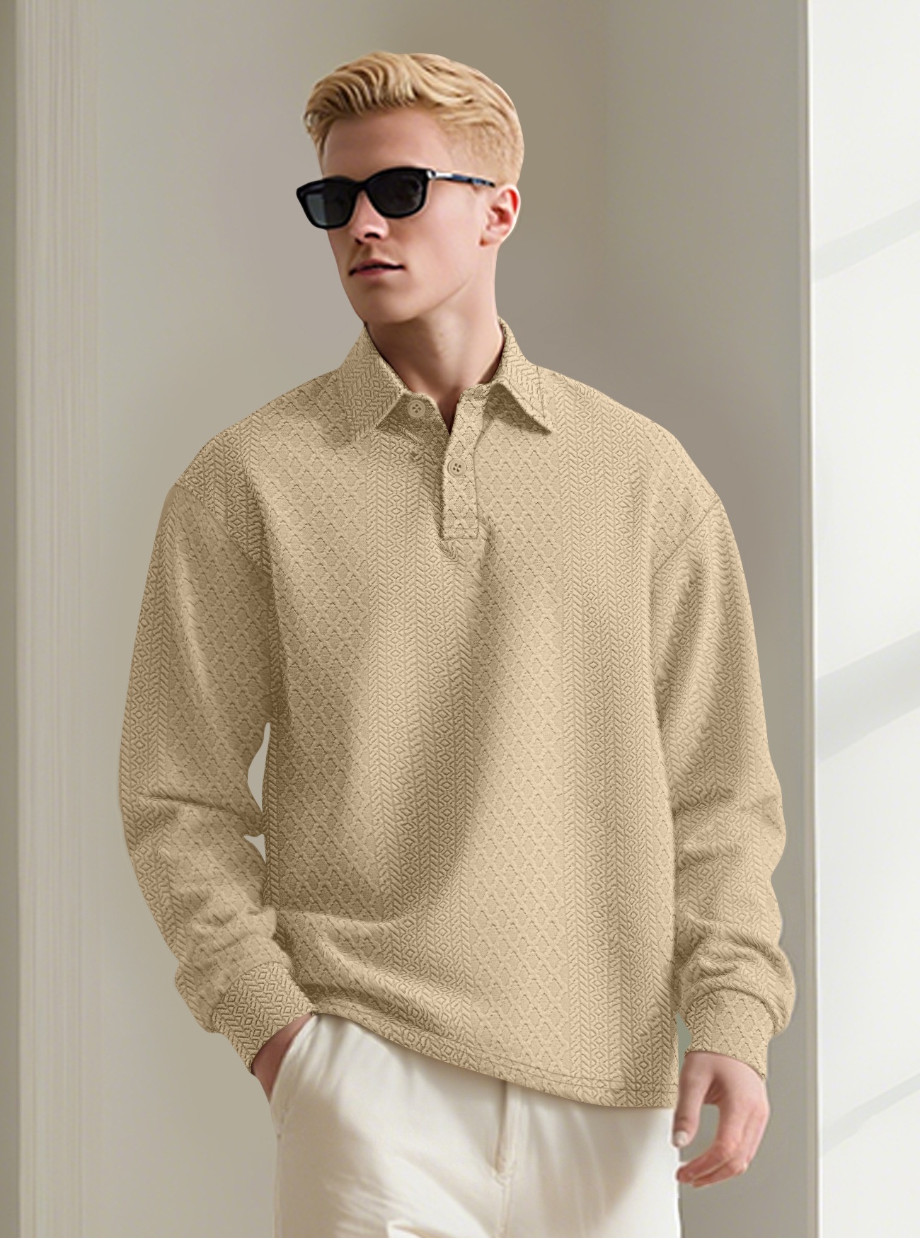 Men's Textured Long Sleeve Polo Shirt