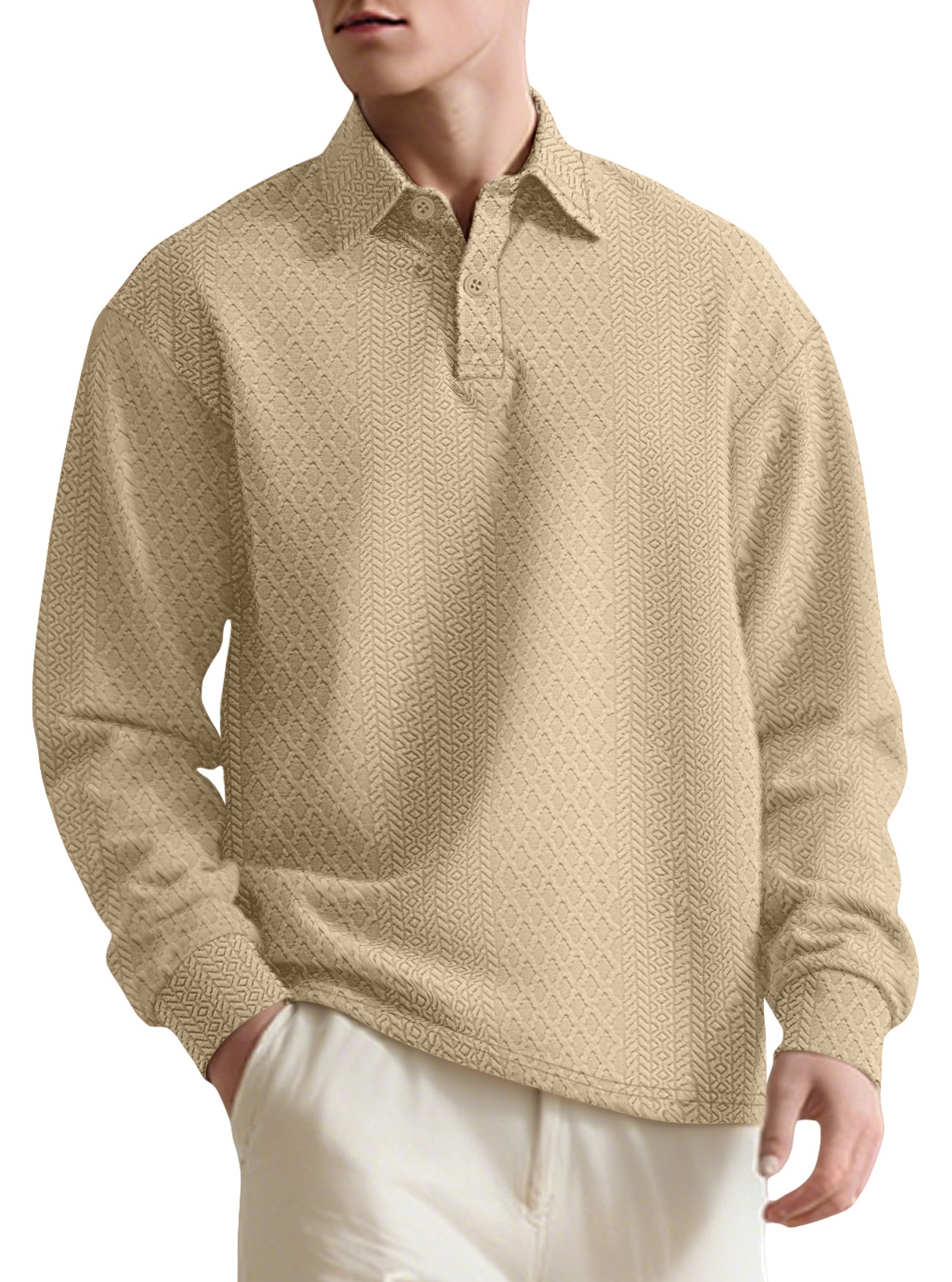 Men's Textured Long Sleeve Polo Shirt