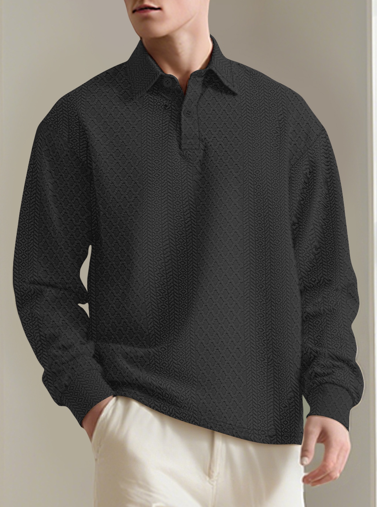 Men's Textured Long Sleeve Polo Shirt