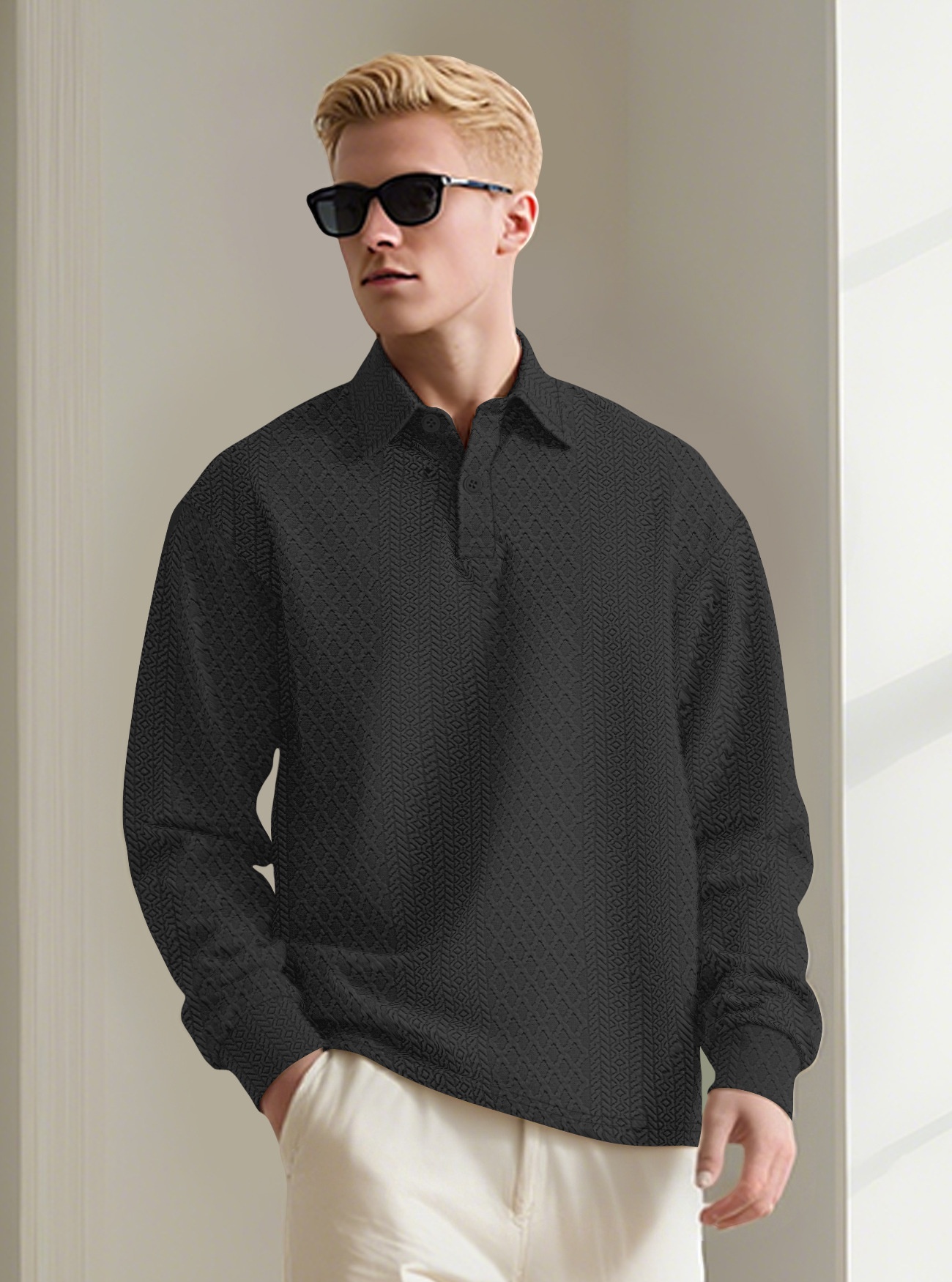 Men's Textured Long Sleeve Polo Shirt