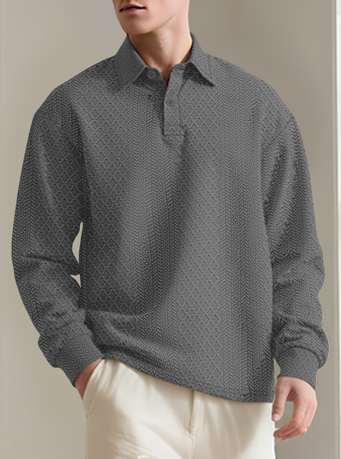 Men's Textured Long Sleeve Polo Shirt