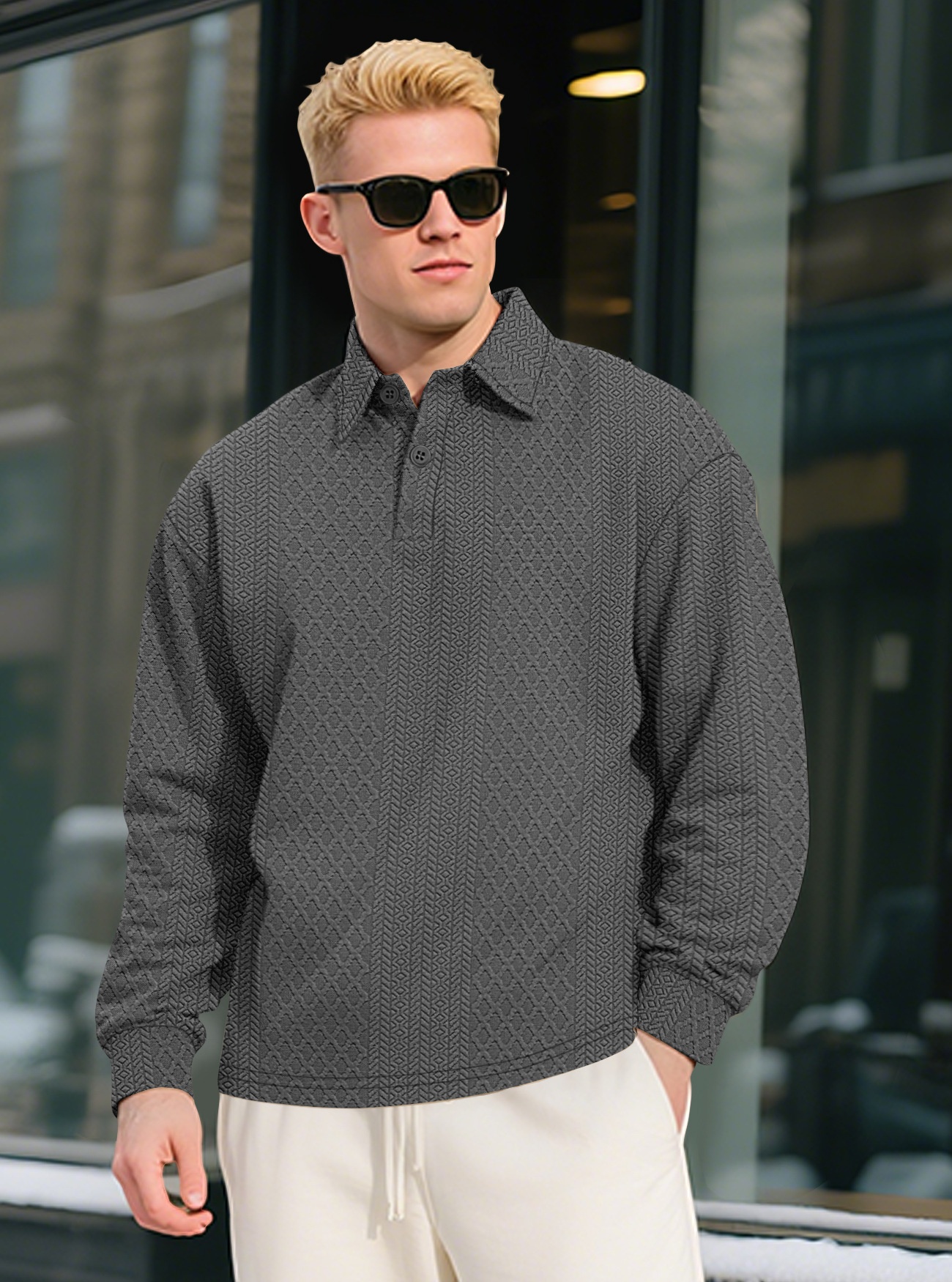 Men's Textured Long Sleeve Polo Shirt