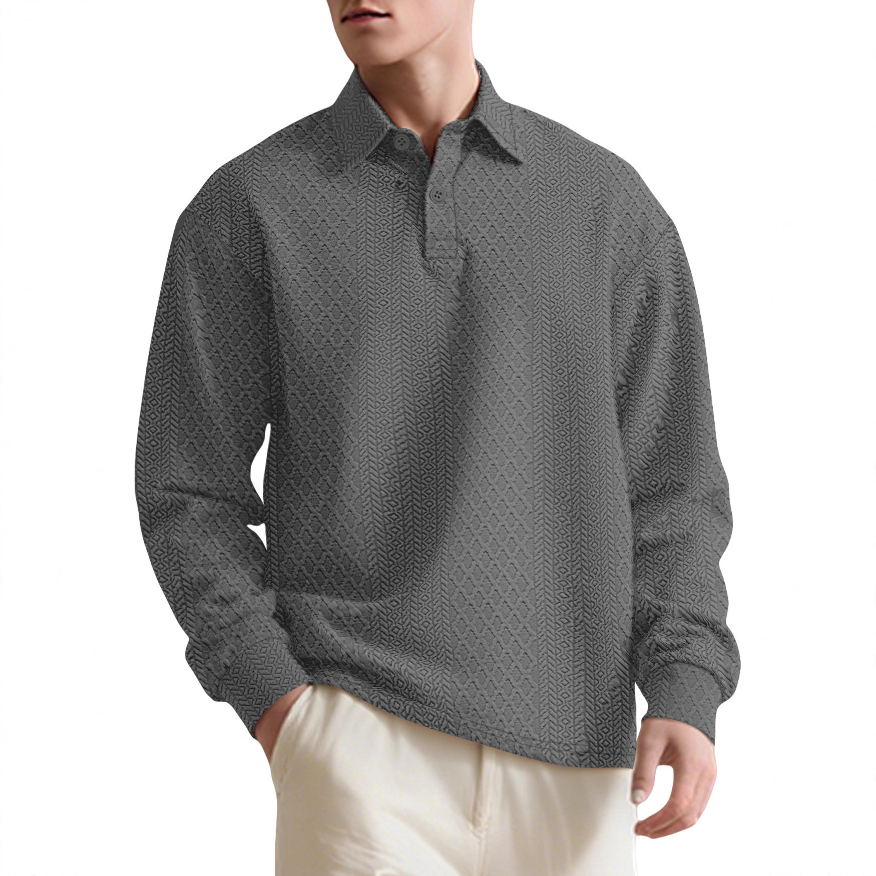 Men's Textured Long Sleeve Polo Shirt
