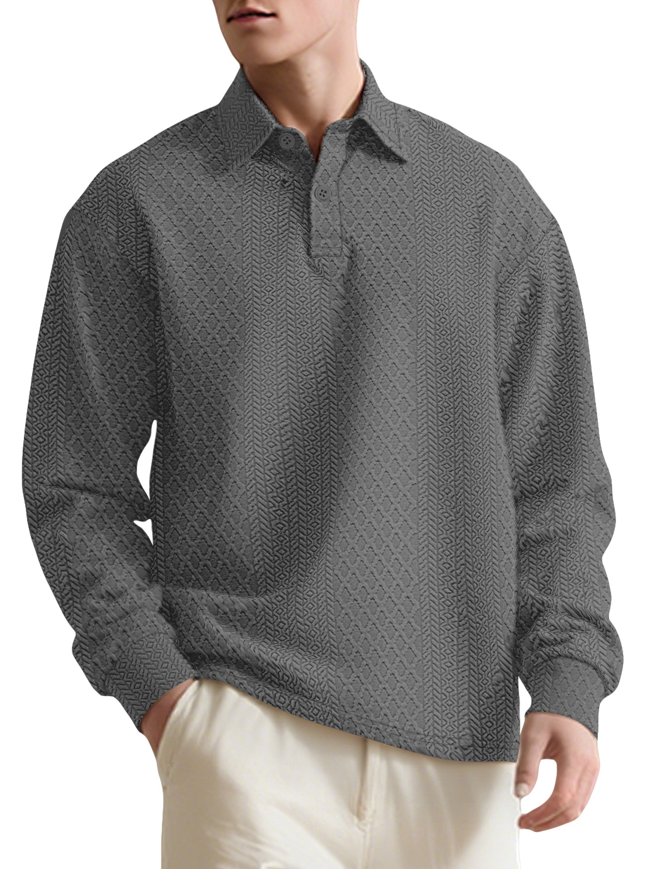 Men's Textured Long Sleeve Polo Shirt