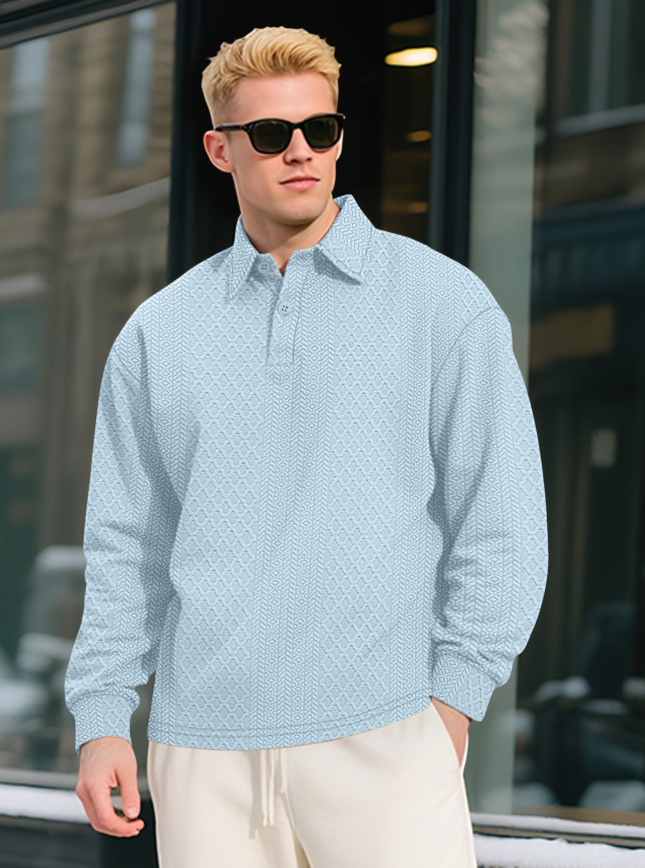 Men's Textured Long Sleeve Polo Shirt