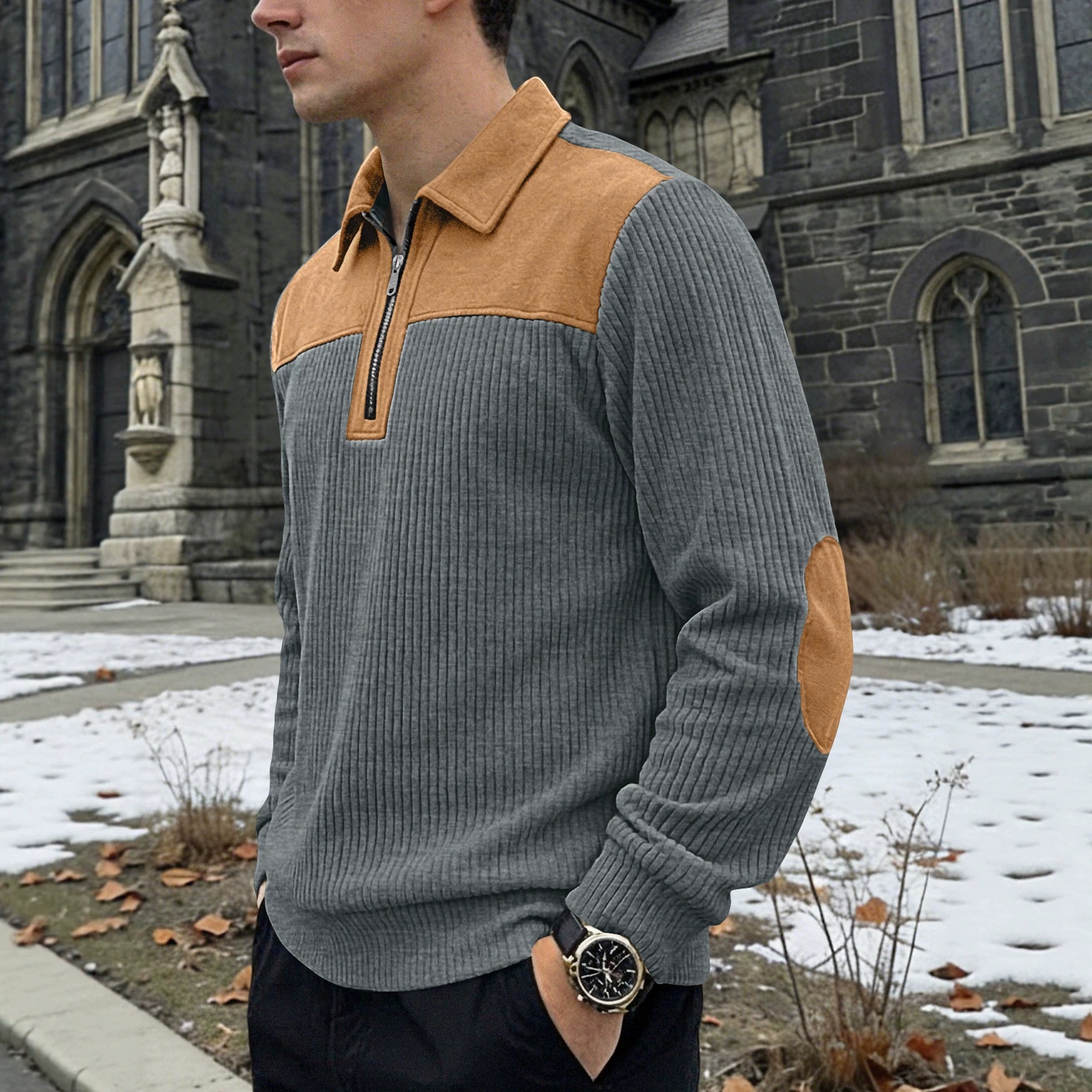Men's Ribbed Quarter-Zip Pullover Sweater