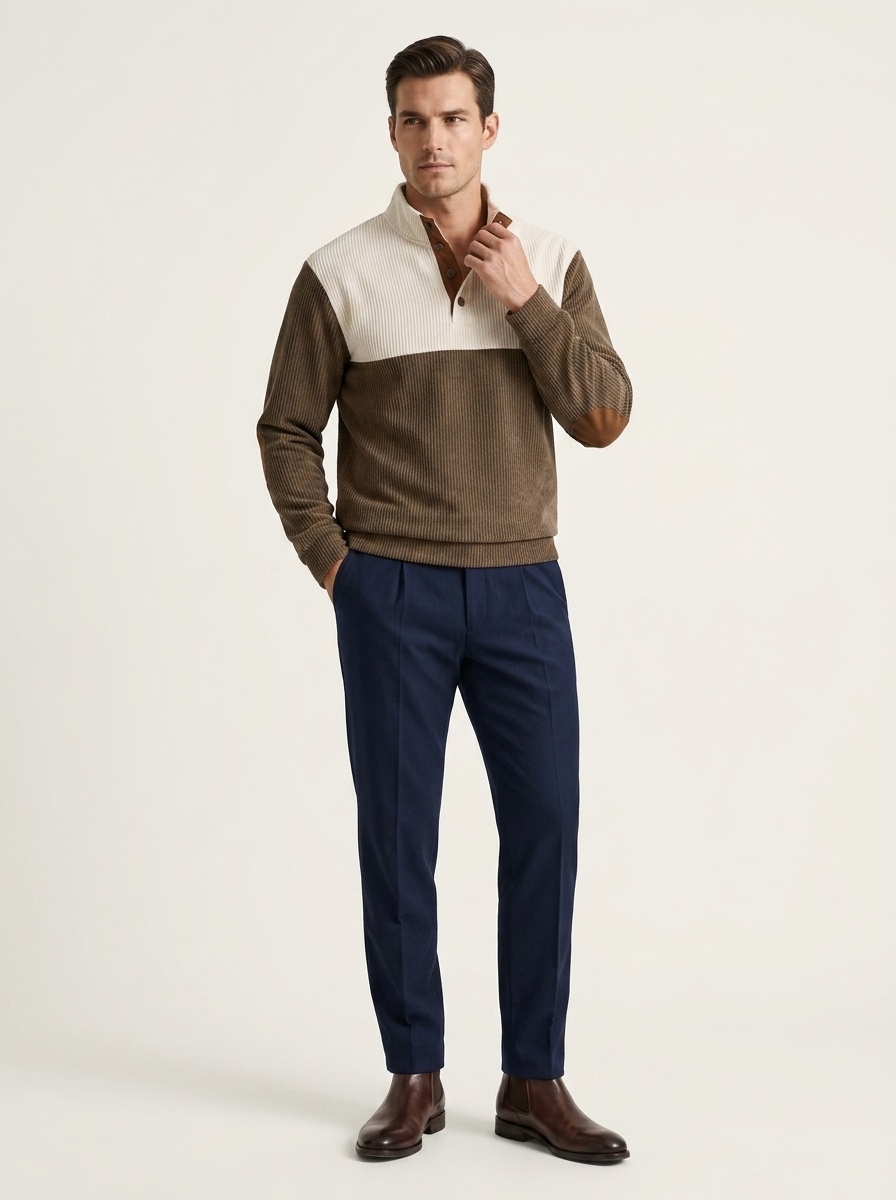 Men's Colorblock Ribbed Knit Pullover with Button Placket