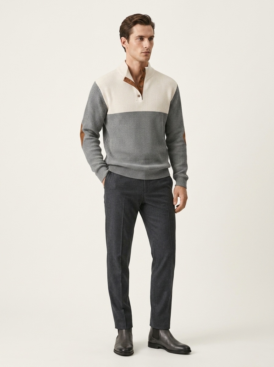 Men's Colorblock Ribbed Knit Pullover with Button Placket